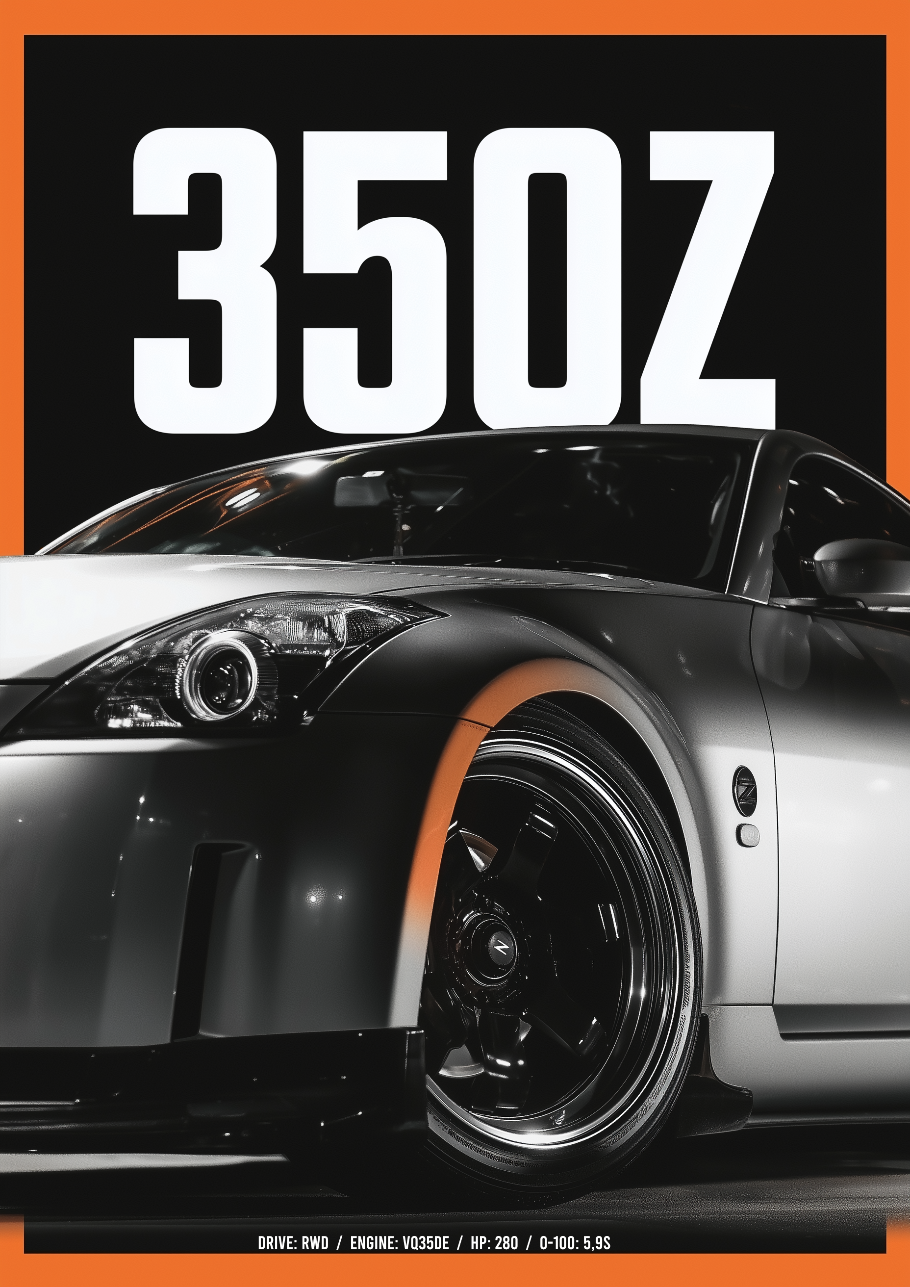 350Z Sportwagen – schwarz-weißer Kunstdruck, Fine Art Poster – eleganter Kunstdruck