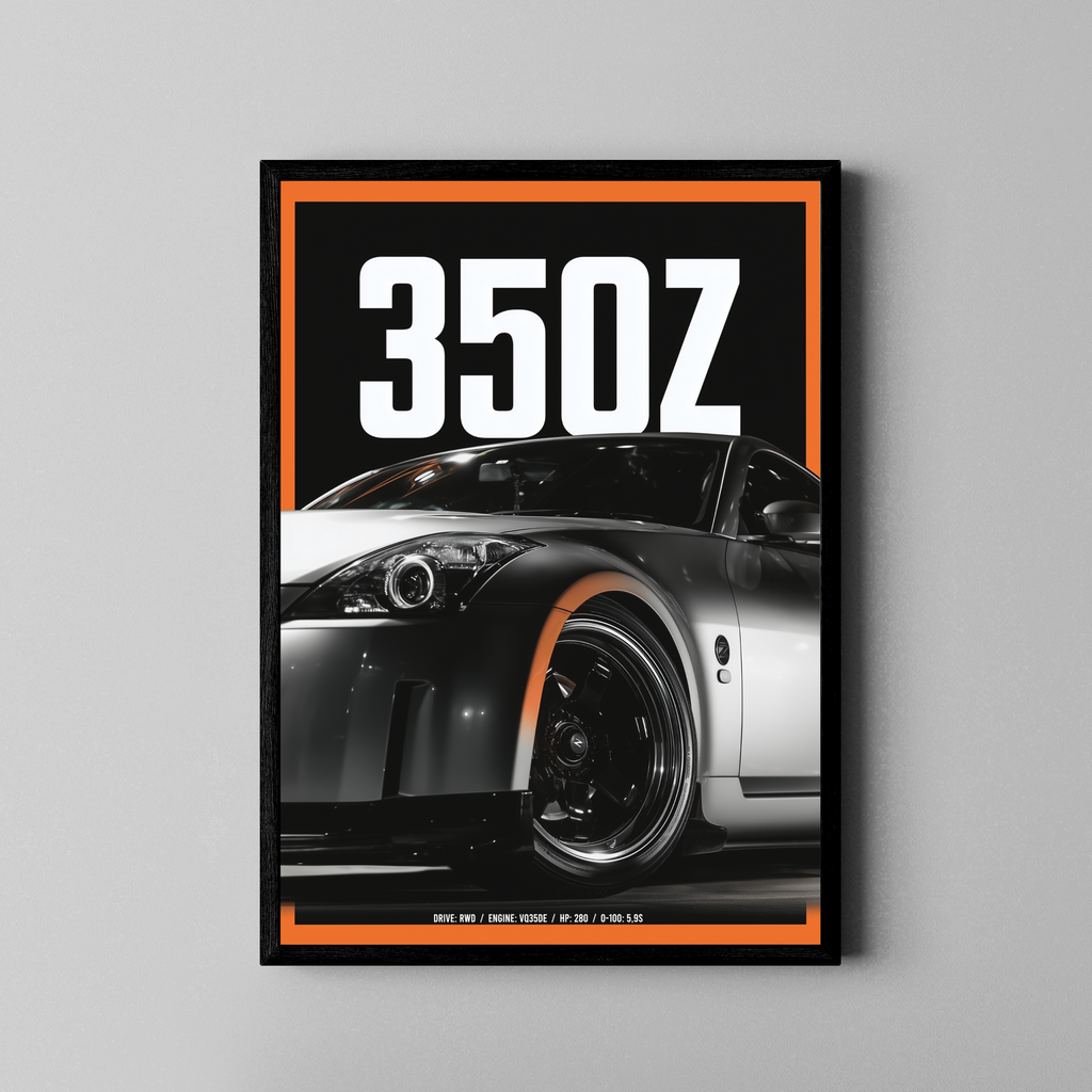 350Z Sportwagen – schwarz-weißer Kunstdruck, Fine Art Poster – Poster im schwarzen Rahmen