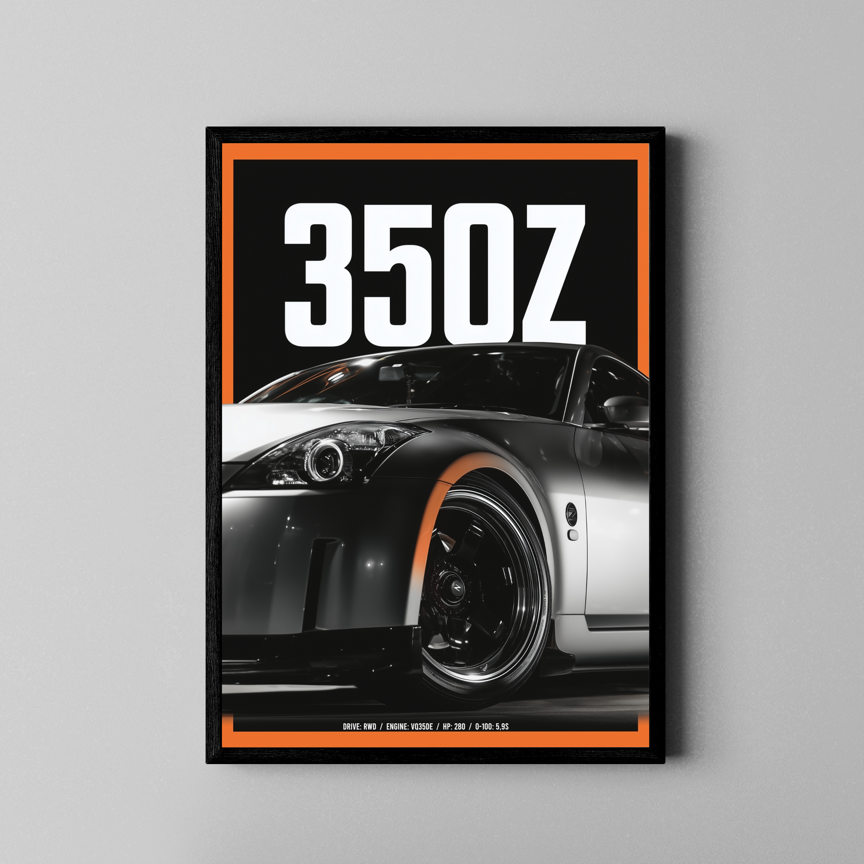 350Z Sportwagen – schwarz-weißer Kunstdruck, Fine Art Poster – Poster im schwarzen Rahmen