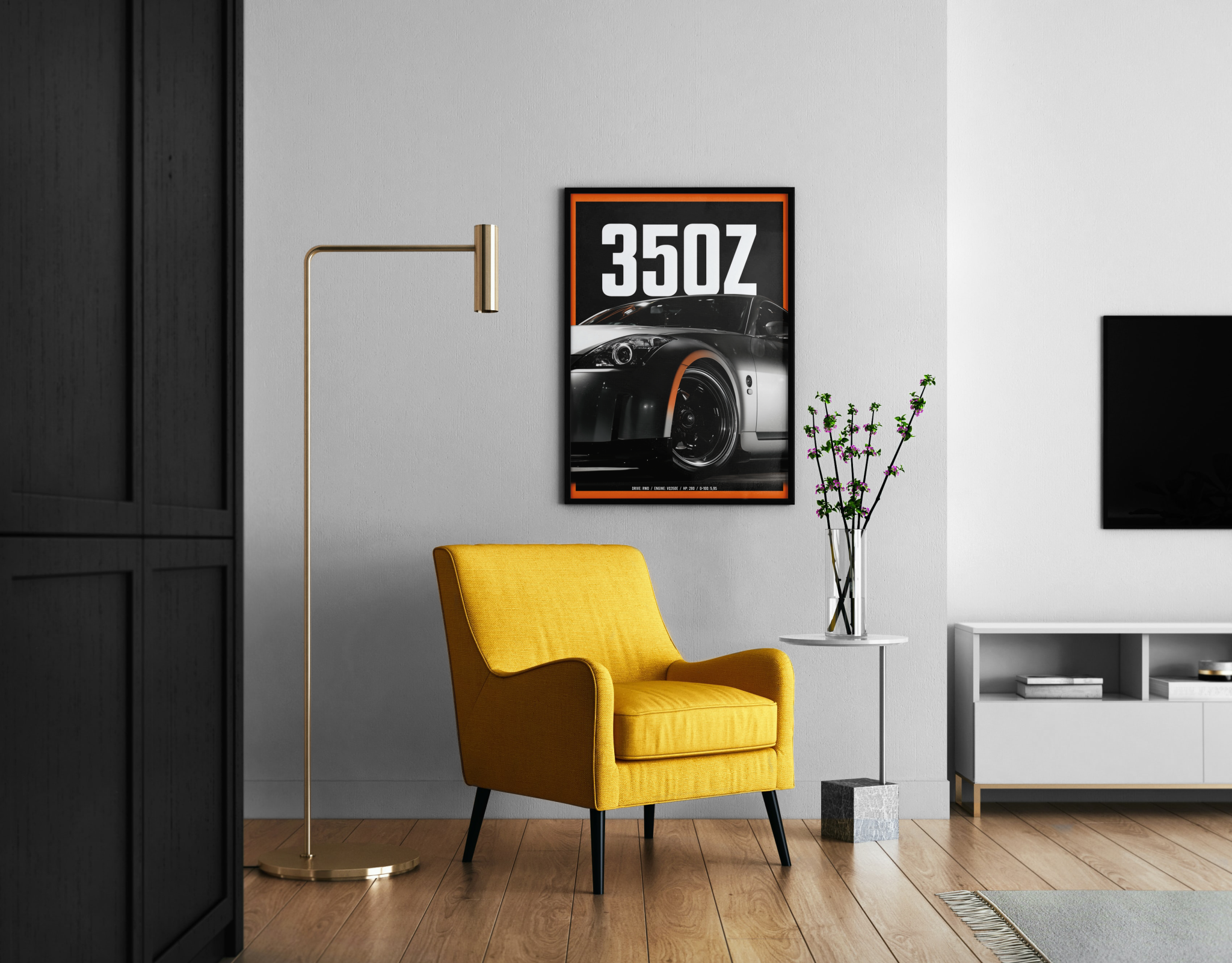 350Z Sportwagen – schwarz-weißer Kunstdruck, Fine Art Poster – Wandbild im modernen Wohnzimmer
