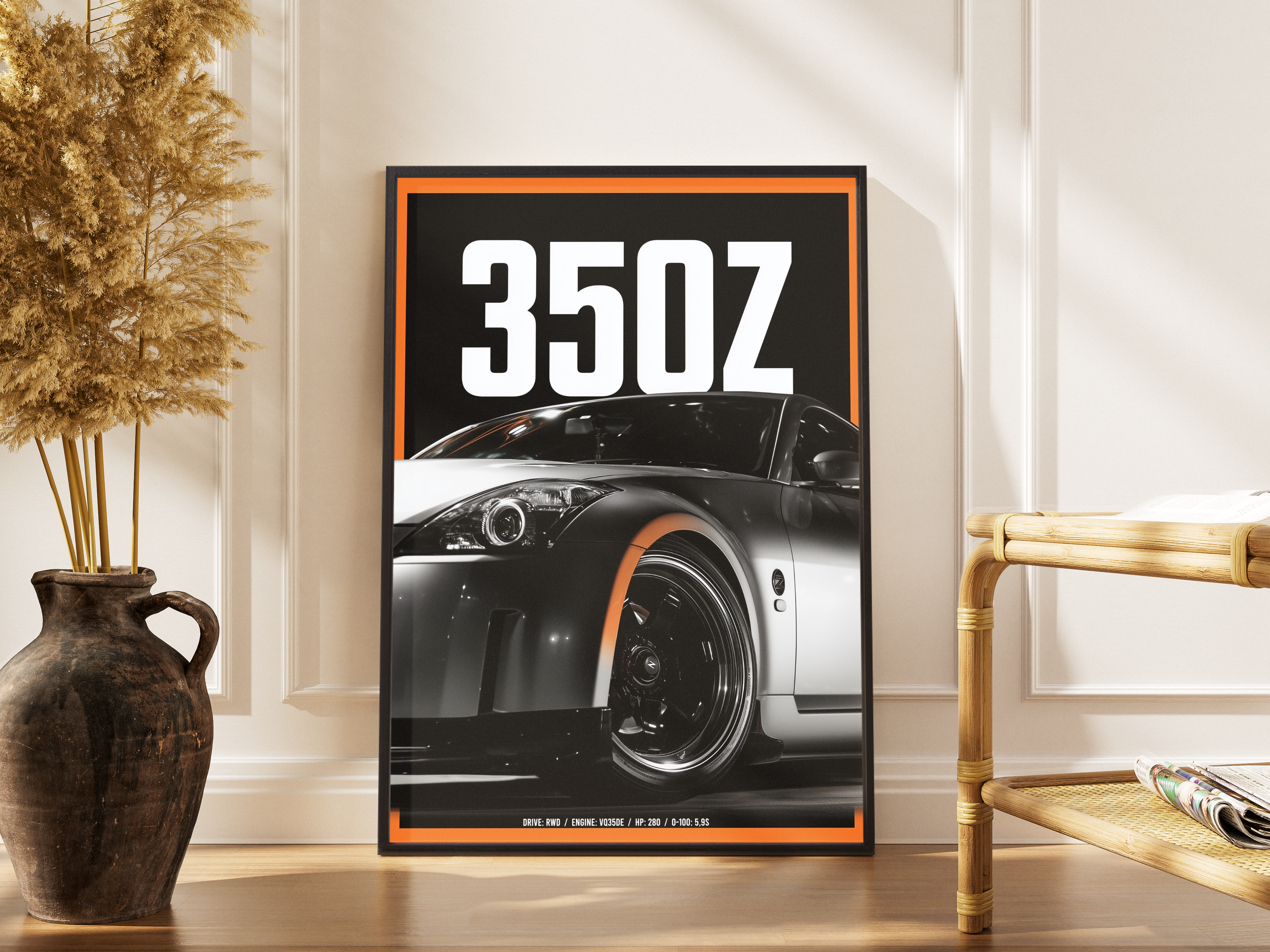 350Z Sportwagen – schwarz-weißer Kunstdruck, Fine Art Poster – gerahmtes Poster kaufen