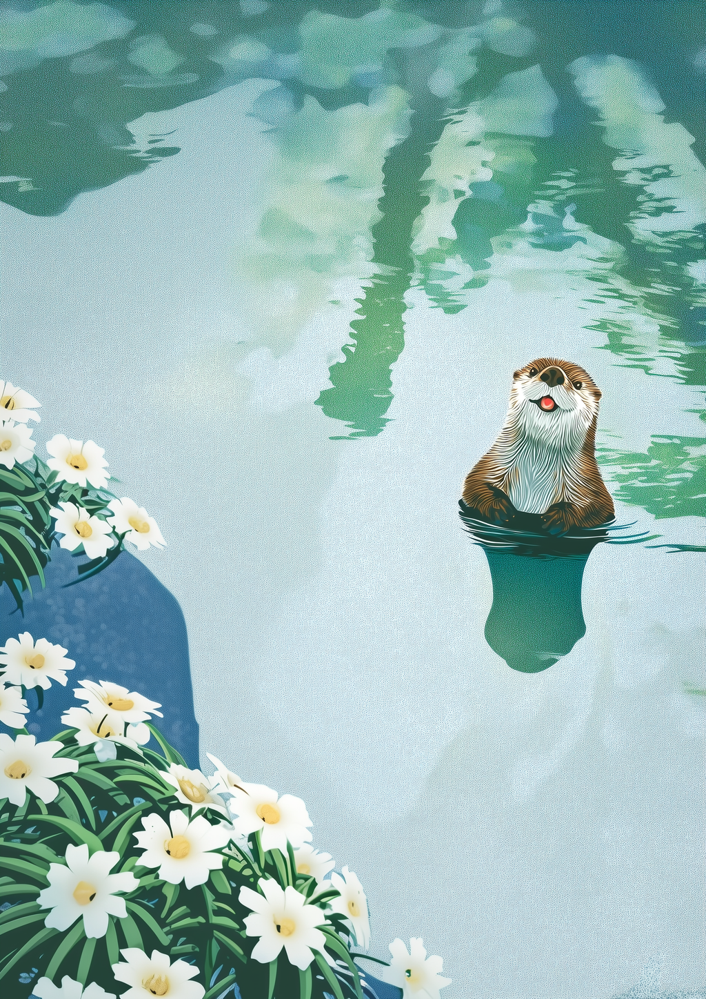 Otter schwimmt zwischen Gänseblümchen in türkisem Wasser – charmanter illustrativer Kunstdruck