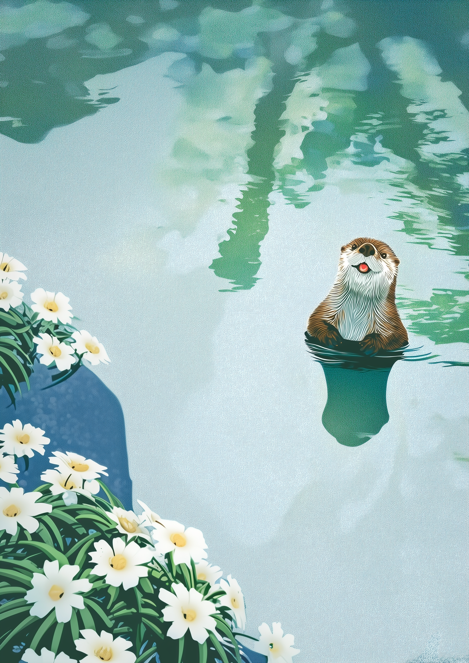 Otter schwimmt zwischen Gänseblümchen in türkisem Wasser – charmanter illustrativer Kunstdruck