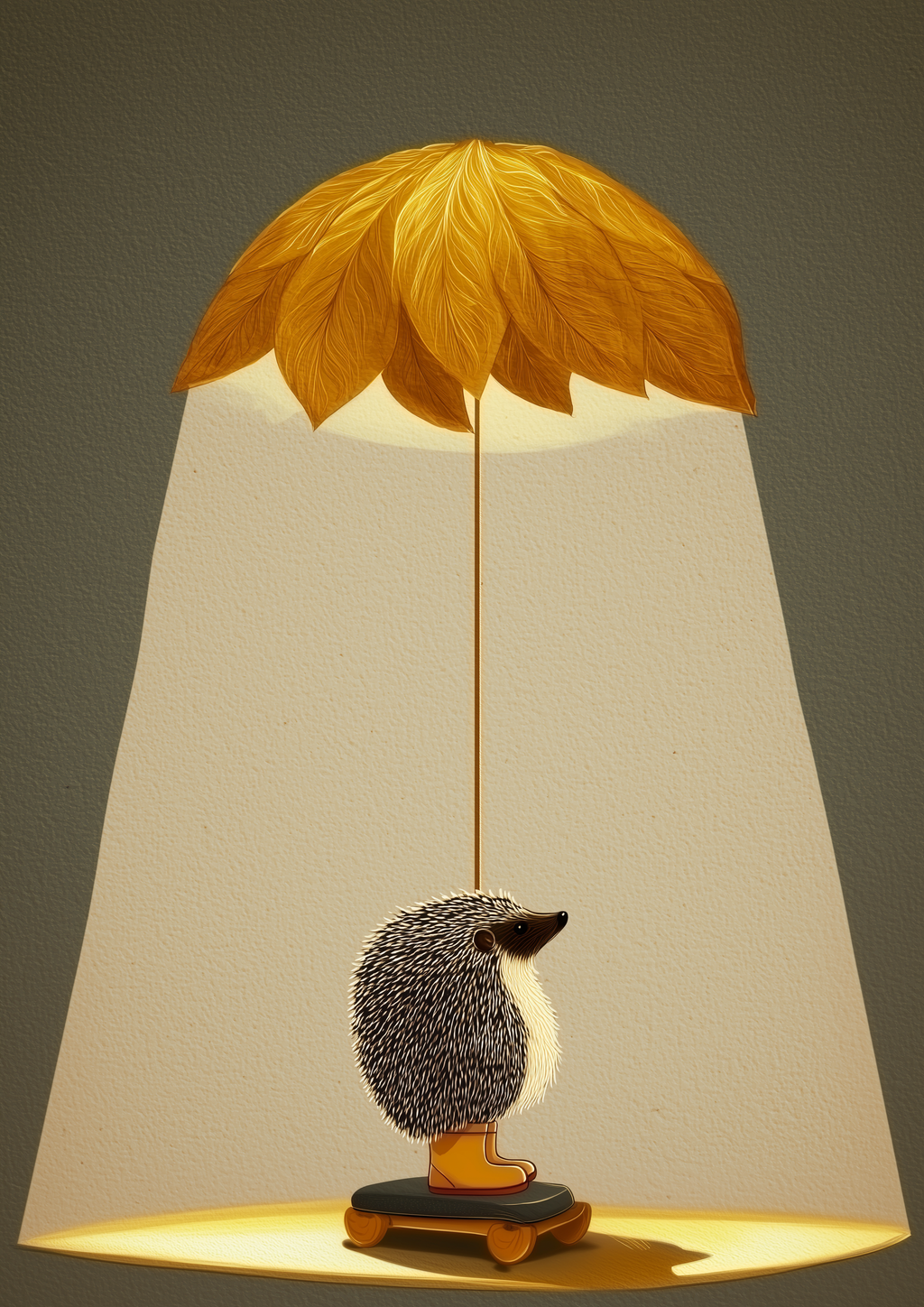 Igel unter Blätter-Lampenschirm mit warmem Licht – verspielter illustrativer Kunstdruck