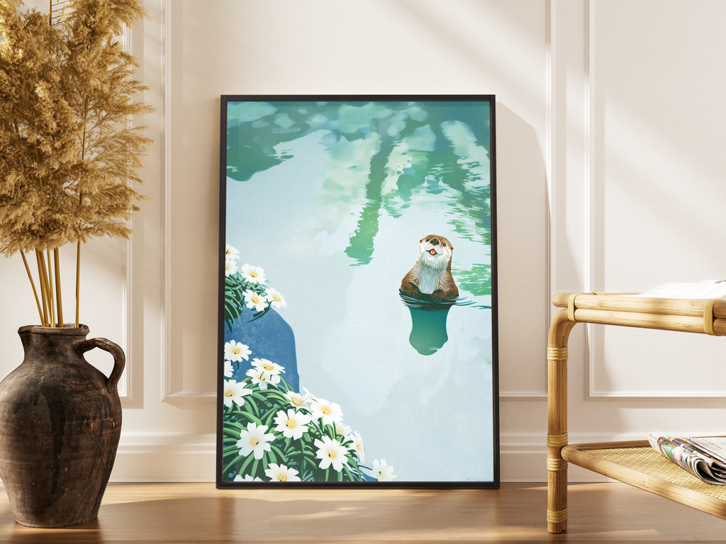 Otter schwimmt zwischen Gänseblümchen in türkisem Wasser – gerahmter illustrativer Kunstdruck kaufen