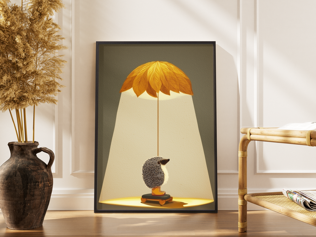 Igel unter Blätter-Lampenschirm mit warmem Licht – gerahmter illustrativer Kunstdruck kaufen
