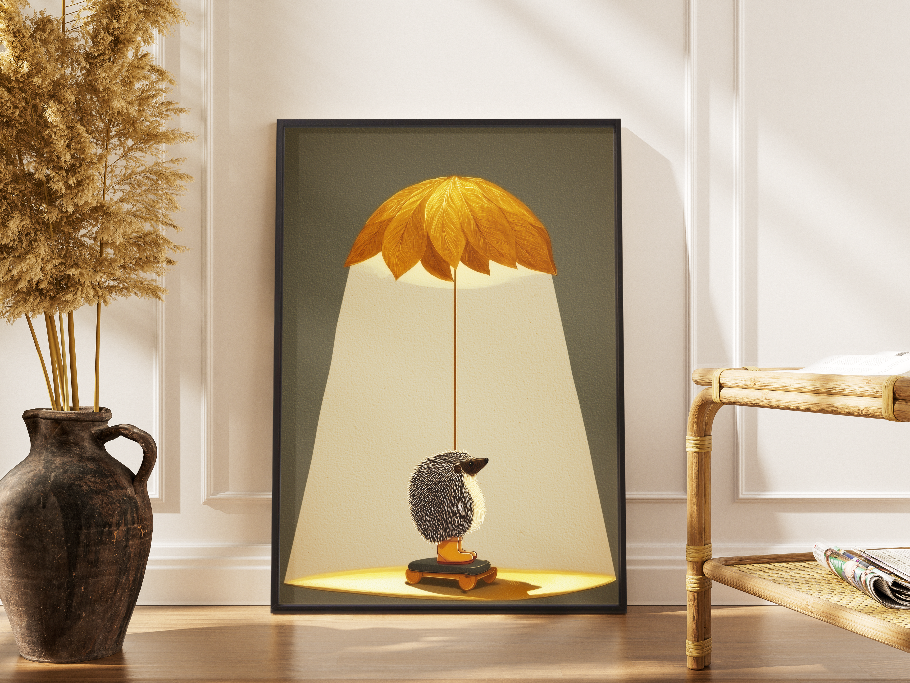 Igel unter Blätter-Lampenschirm mit warmem Licht – gerahmter illustrativer Kunstdruck kaufen