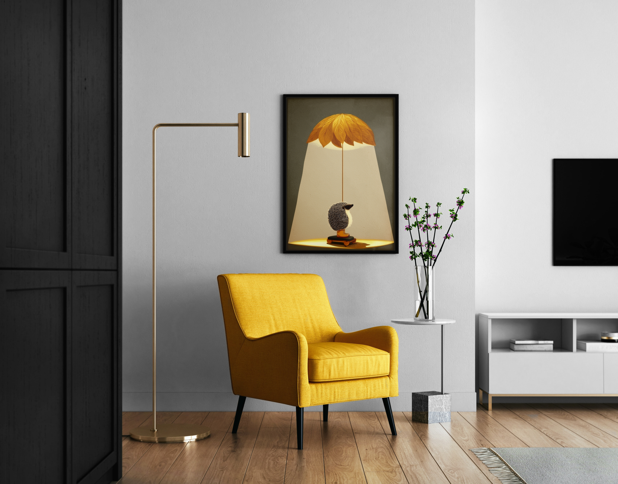 Igel unter Blätter-Lampenschirm mit warmem Licht – verspielter Poster im modernen Wohnzimmer