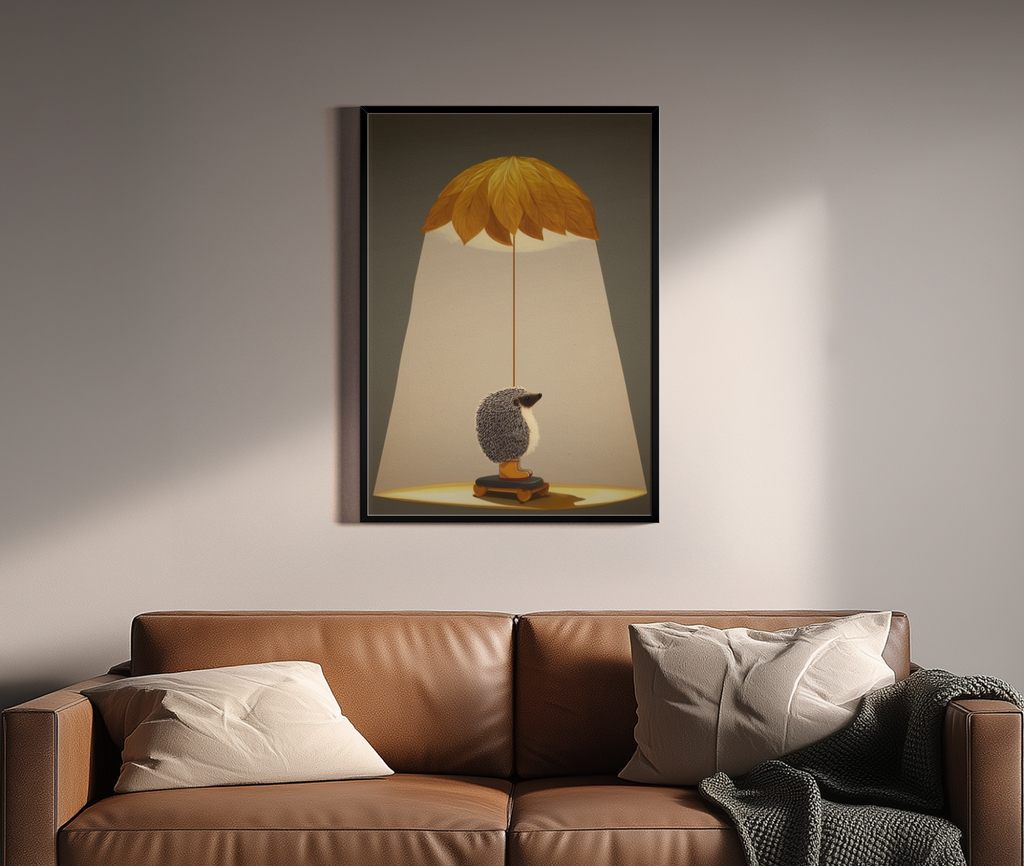 Igel unter Blätter-Lampenschirm mit warmem Licht – Wandbild über braunem Ledersofa