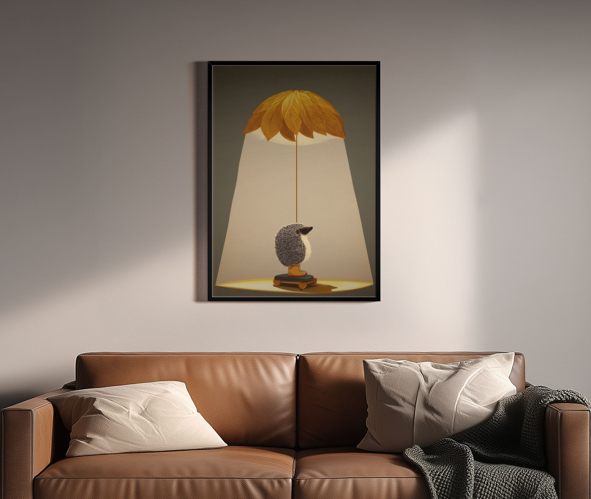 Igel unter Blätter-Lampenschirm mit warmem Licht – Wandbild über braunem Ledersofa