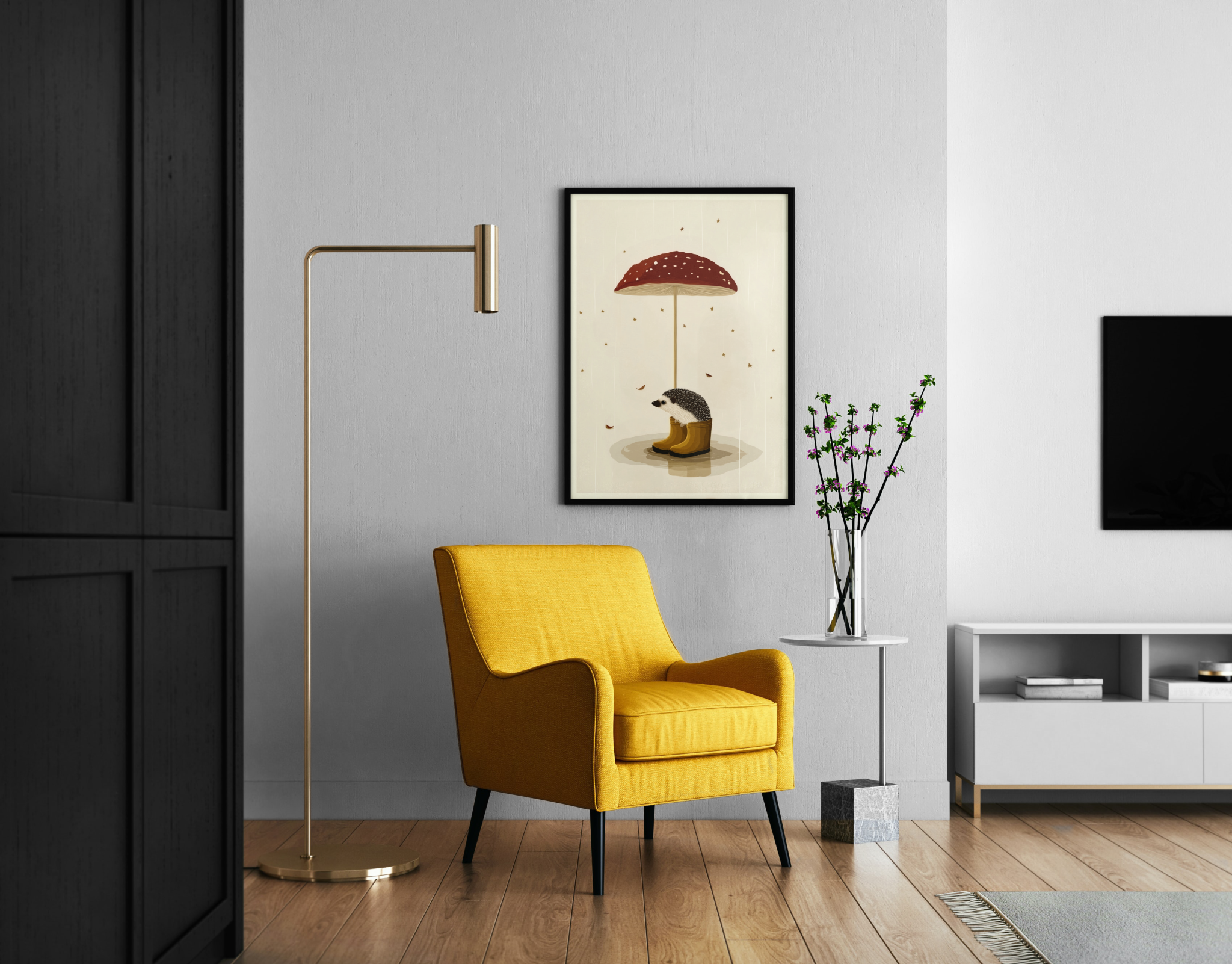 Igel mit Gummistiefeln unter Fliegenpilz im Regen – charmanter Poster im modernen Wohnzimmer
