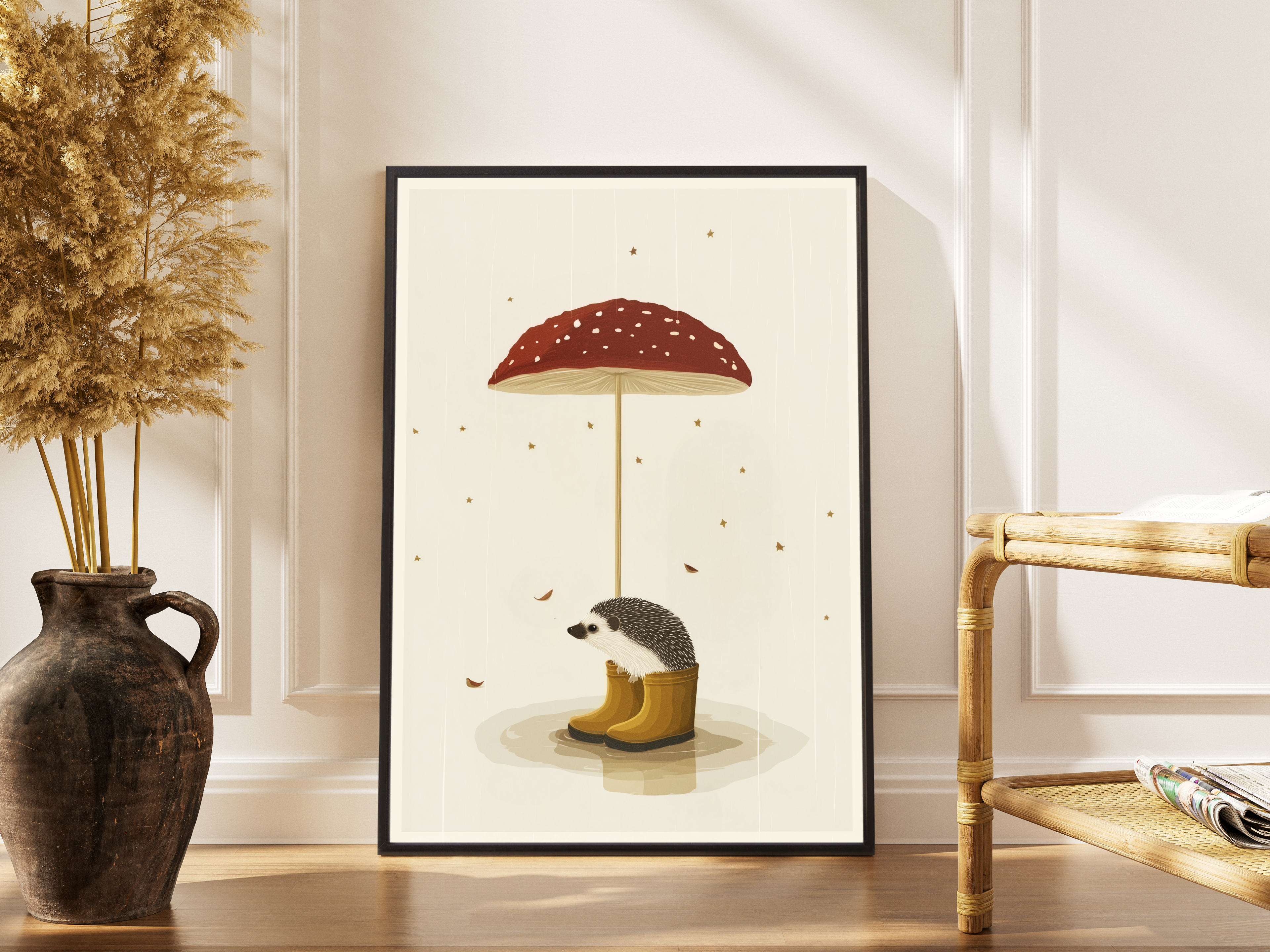 Igel mit Gummistiefeln unter Fliegenpilz im Regen – gerahmter illustrativer Kunstdruck kaufen