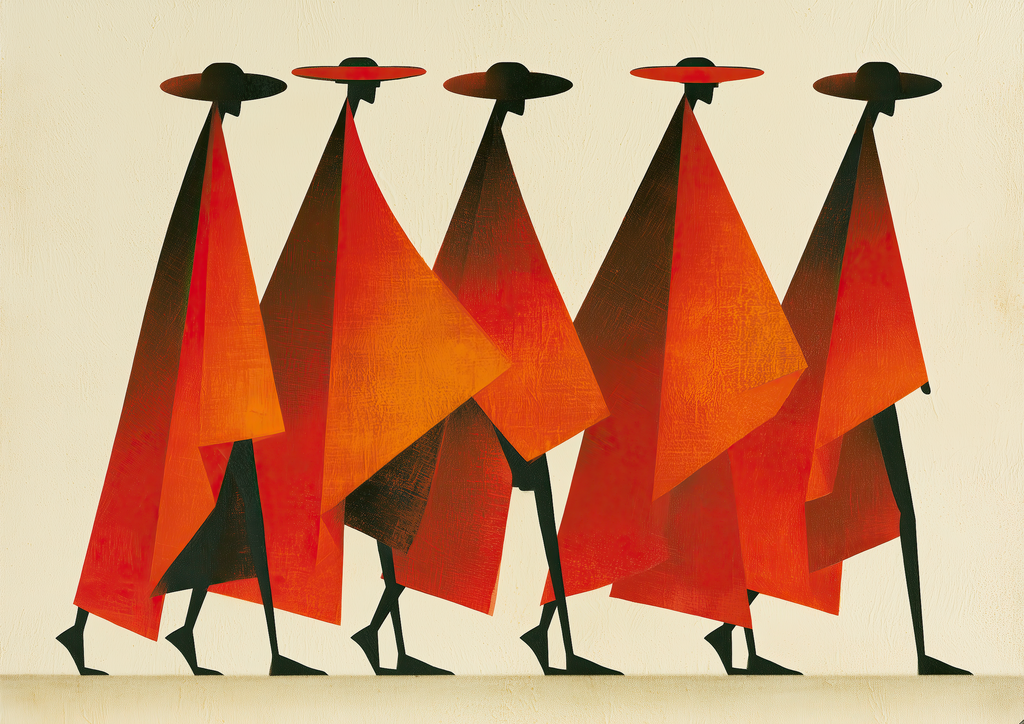 A Symphony of Capes – fünf Figuren rote Umhänge modernistisch | Gouache-Optik – eleganter Kunstdruck