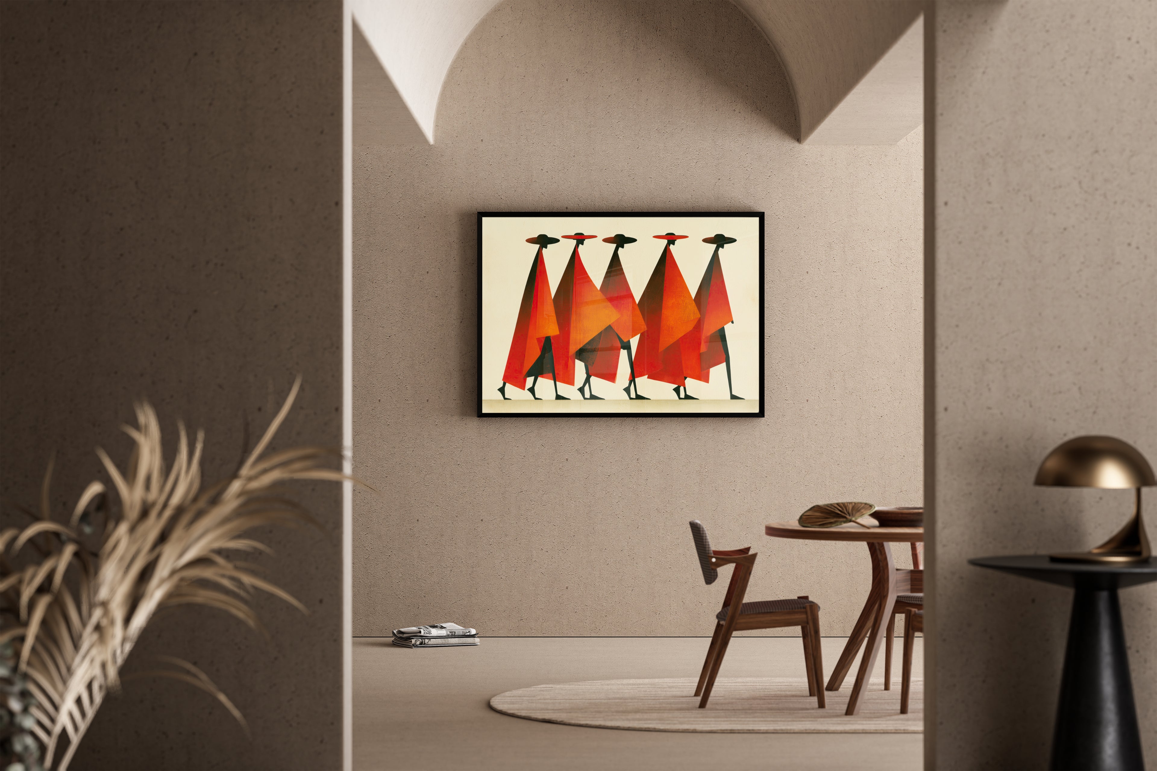 A Symphony of Capes – Moderne Figuren-Illustration rot schwarz | Midcentury-Stil – Poster im Wohnbereich