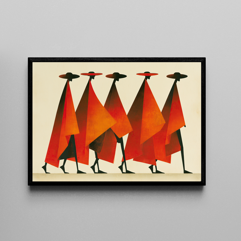 A Symphony of Capes – stilisierte Figuren rot orange Hüte | Gouache-Stil – Poster im schwarzen Rahmen