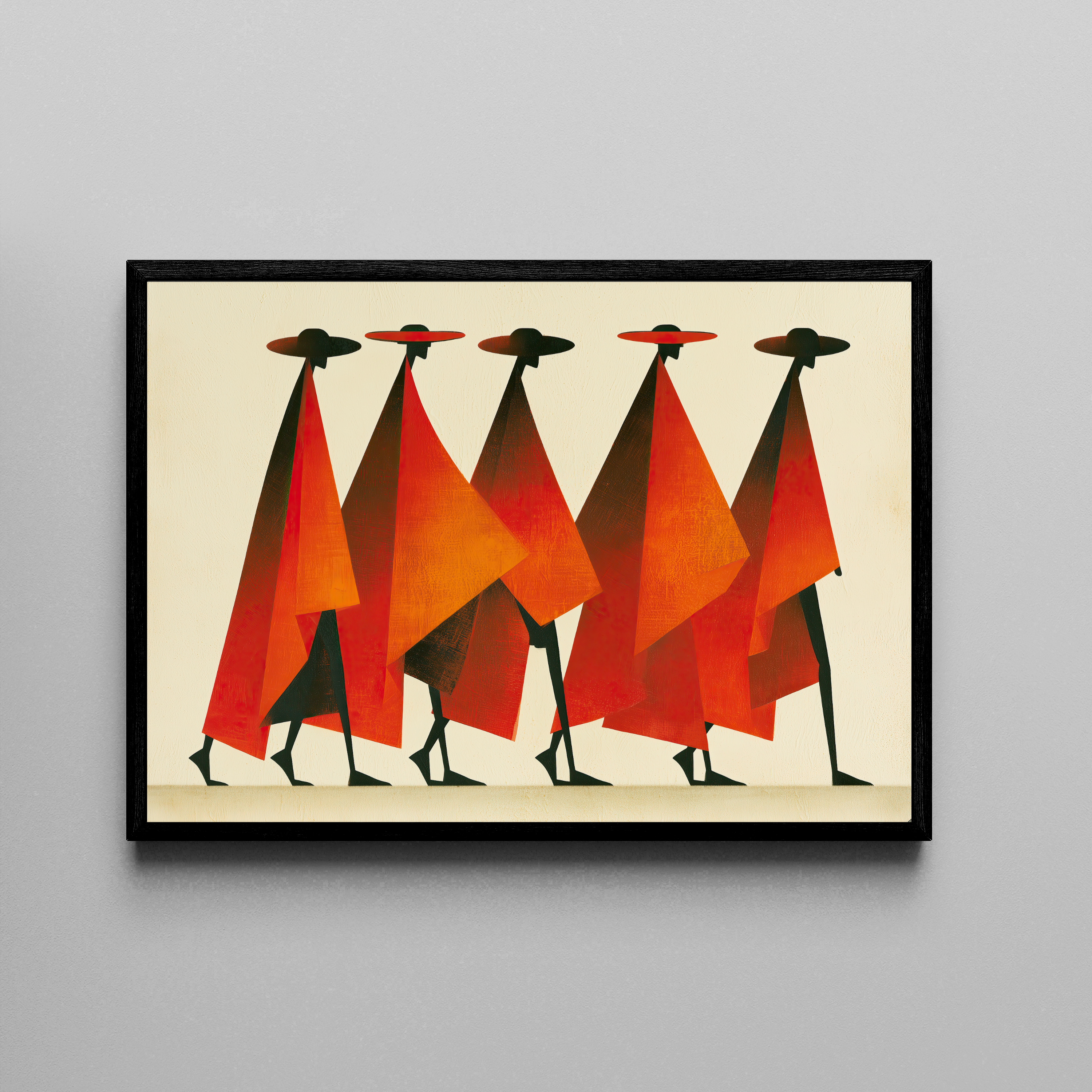A Symphony of Capes – stilisierte Figuren rot orange Hüte | Gouache-Stil – Poster im schwarzen Rahmen