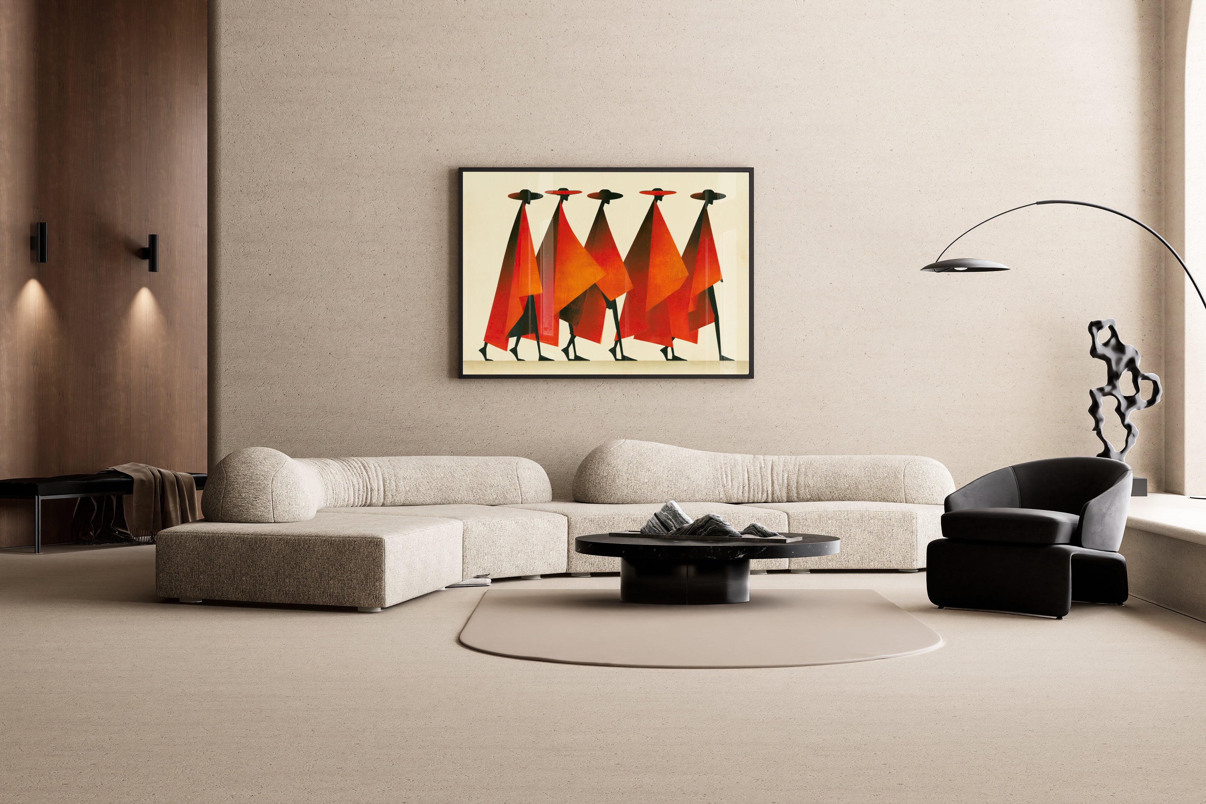 A Symphony of Capes – Umhang Parade Wandbild rot orange creme | Volkskunst-Kunstdruck – Wandbild im modernen Wohnzimmer