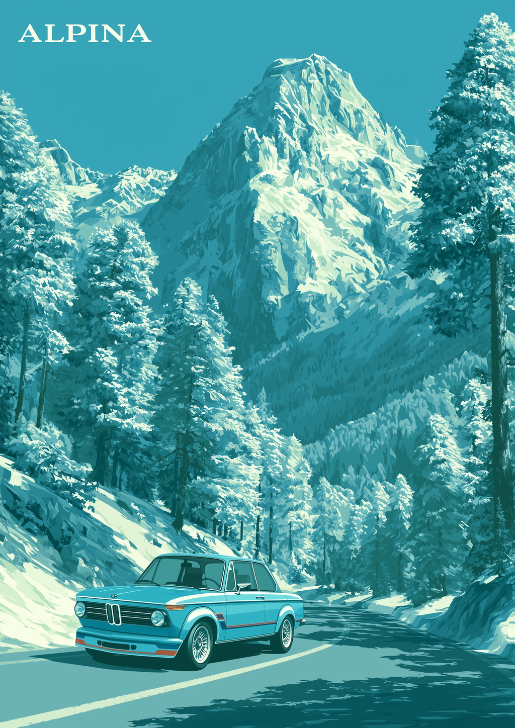Alpine Drive – BMW 2002 Alpina auf verschneiter Alpenstraße | Retro-Reiseplakat-Optik – eleganter Kunstdruck