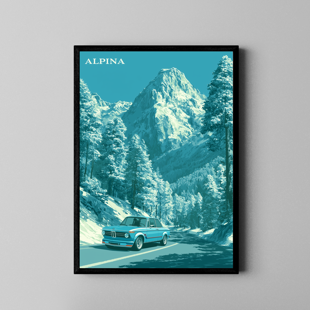 Alpine Drive – BMW 2002 Winterbergstraße türkise Retro-Illustration | Vintage-Automobil Fine Art Poster – Poster im schwarzen Rahmen