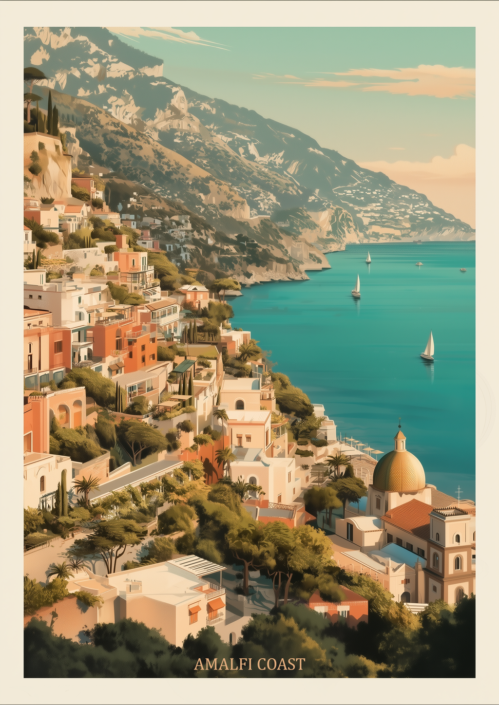 AMALFI COAST – Retro-Reiseposter, Küstenstadt, türkises Meer, Vintage-Illustration – eleganter Kunstdruck