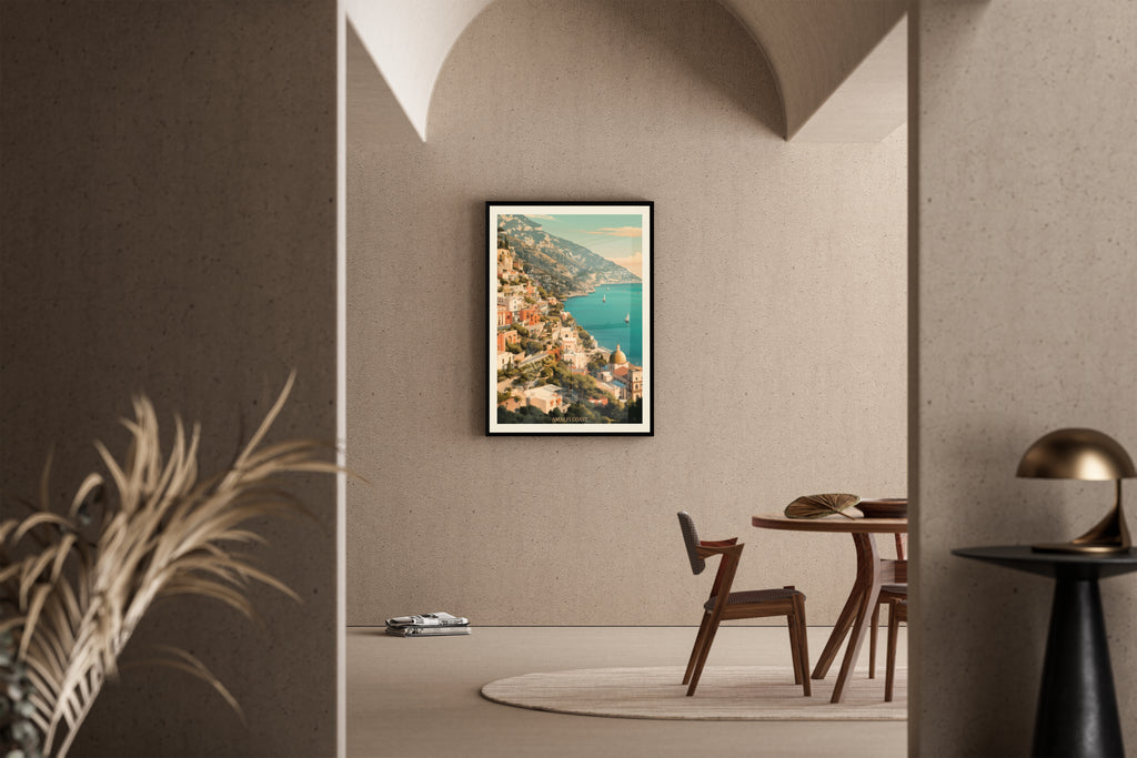 AMALFI COAST – Retro-Reiseposter, Küstenstadt, türkises Meer, Vintage-Illustration – Poster im Esszimmer