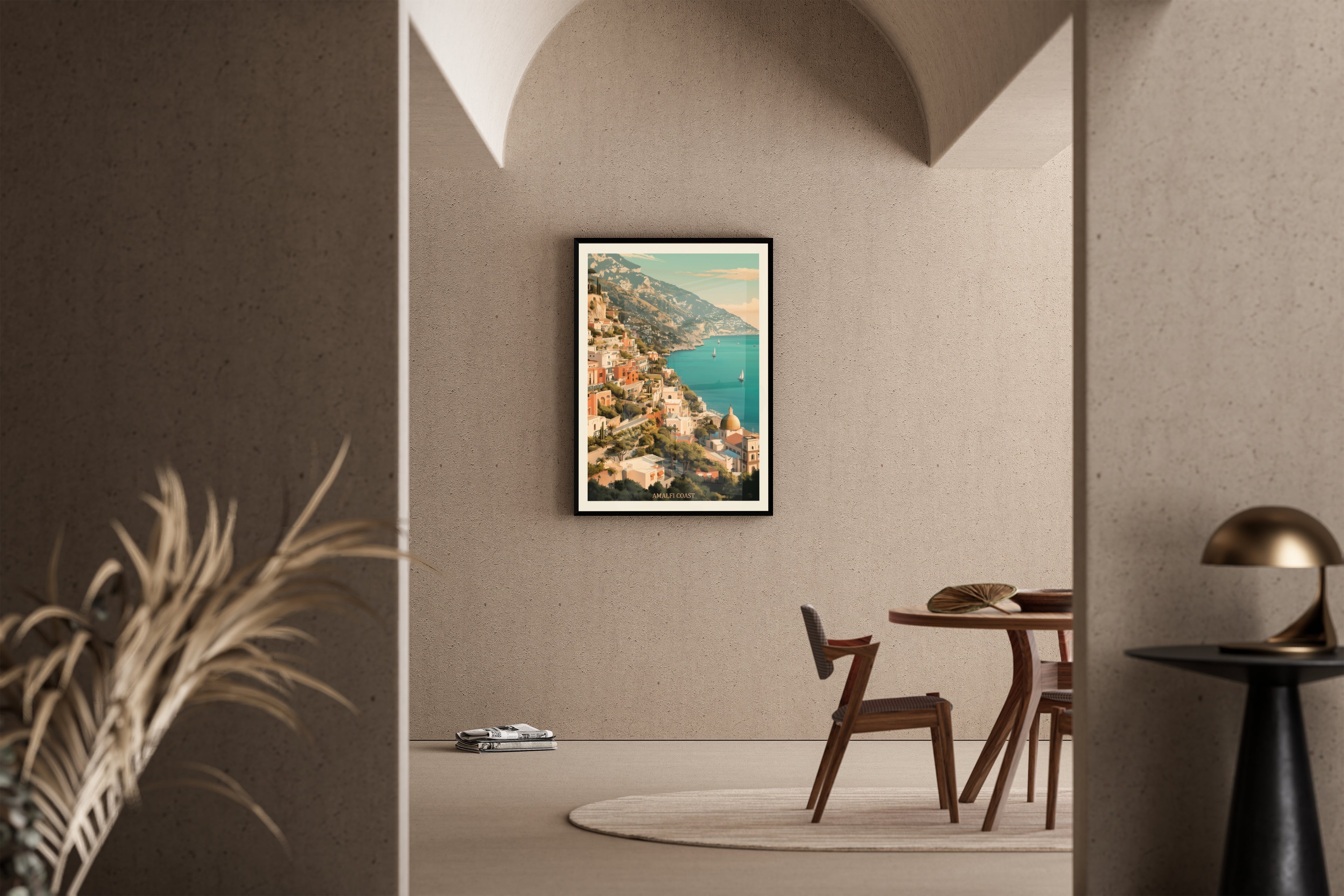 AMALFI COAST – Retro-Reiseposter, Küstenstadt, türkises Meer, Vintage-Illustration – Poster im Esszimmer