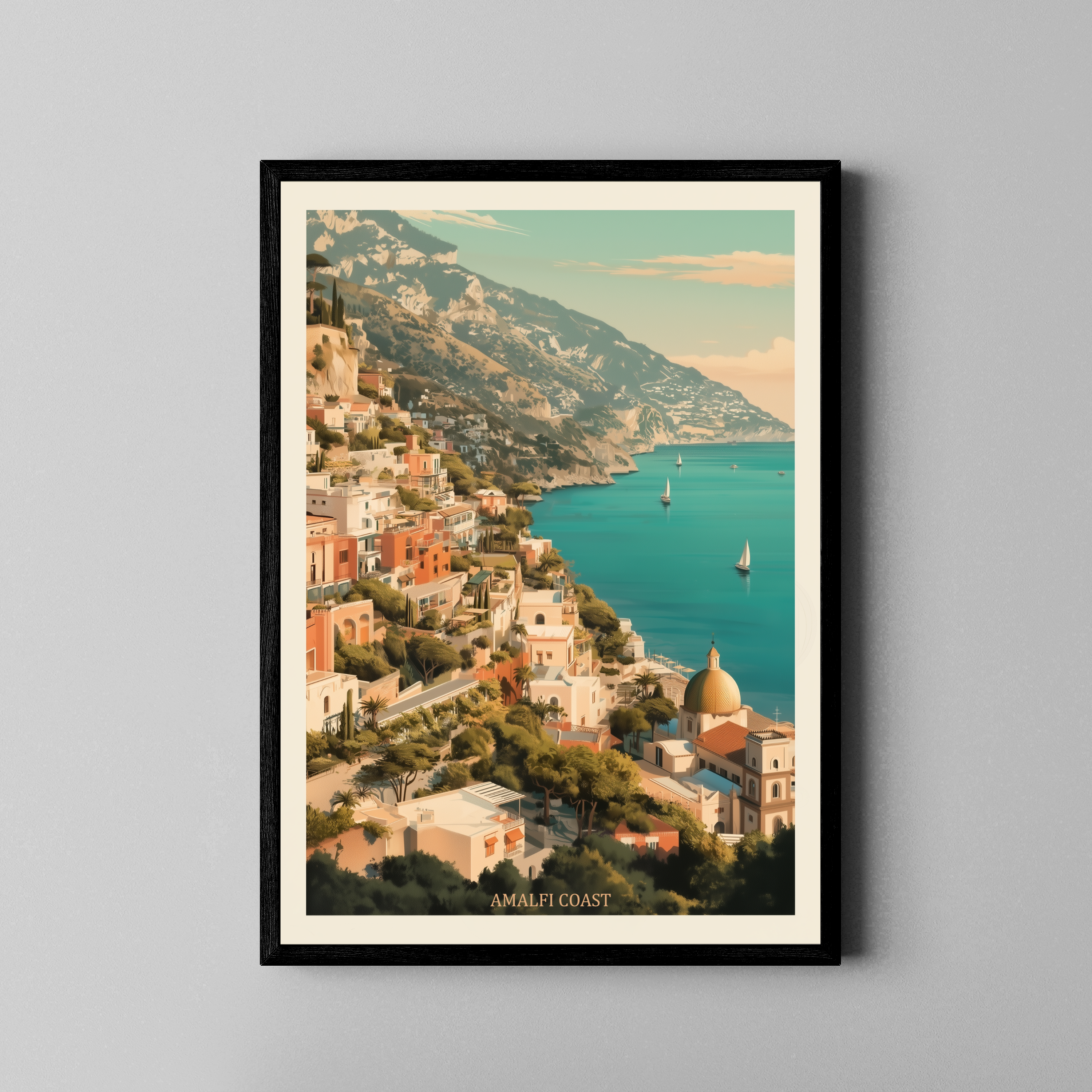AMALFI COAST – Retro-Reiseposter, Küstenstadt, türkises Meer, Vintage-Illustration – Poster im schwarzen Rahmen