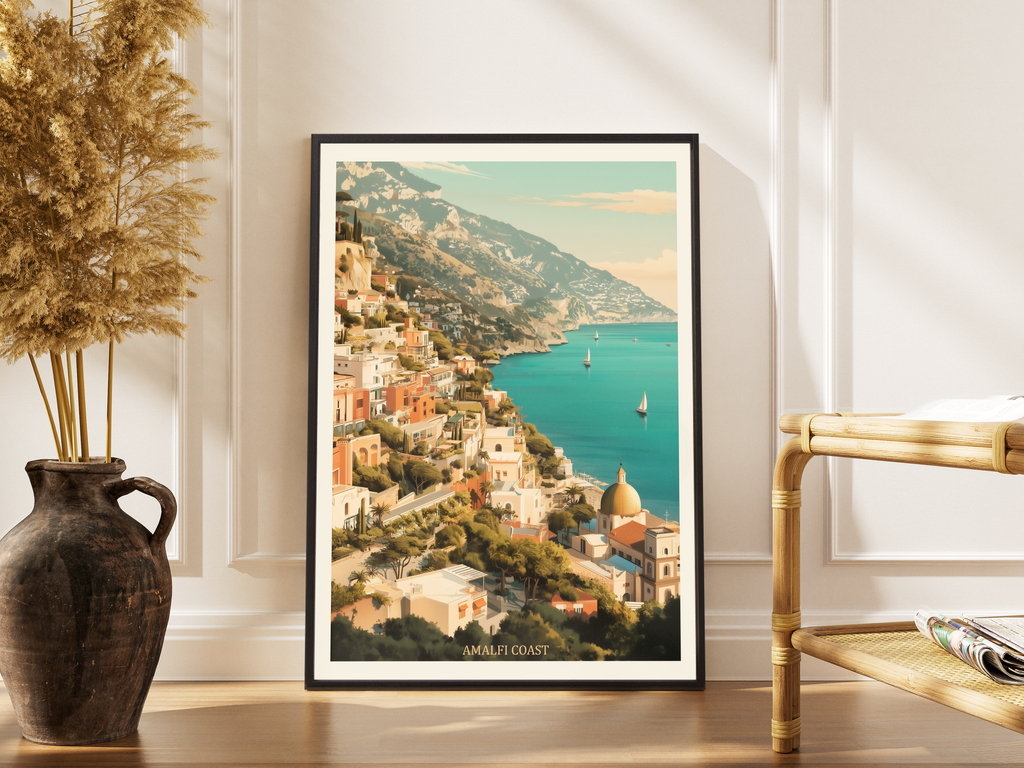 AMALFI COAST – Retro-Reiseposter, Küstenstadt, türkises Meer, Vintage-Illustration – gerahmtes Poster kaufen