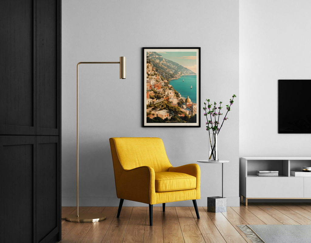 AMALFI COAST – Retro-Reiseposter, Küstenstadt, türkises Meer, Vintage-Illustration – Wandbild im modernen Wohnzimmer