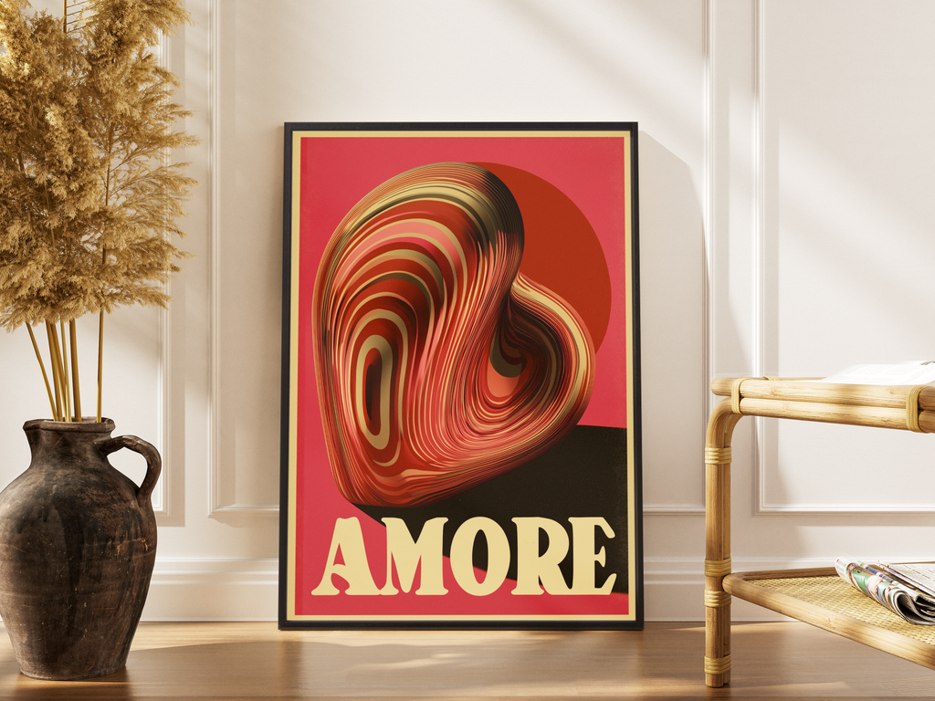 AMORE – 3D-Herz mit Holzmaserung-Textur auf Retro-Rosa – gerahmter Fine Art Kunstdruck kaufen