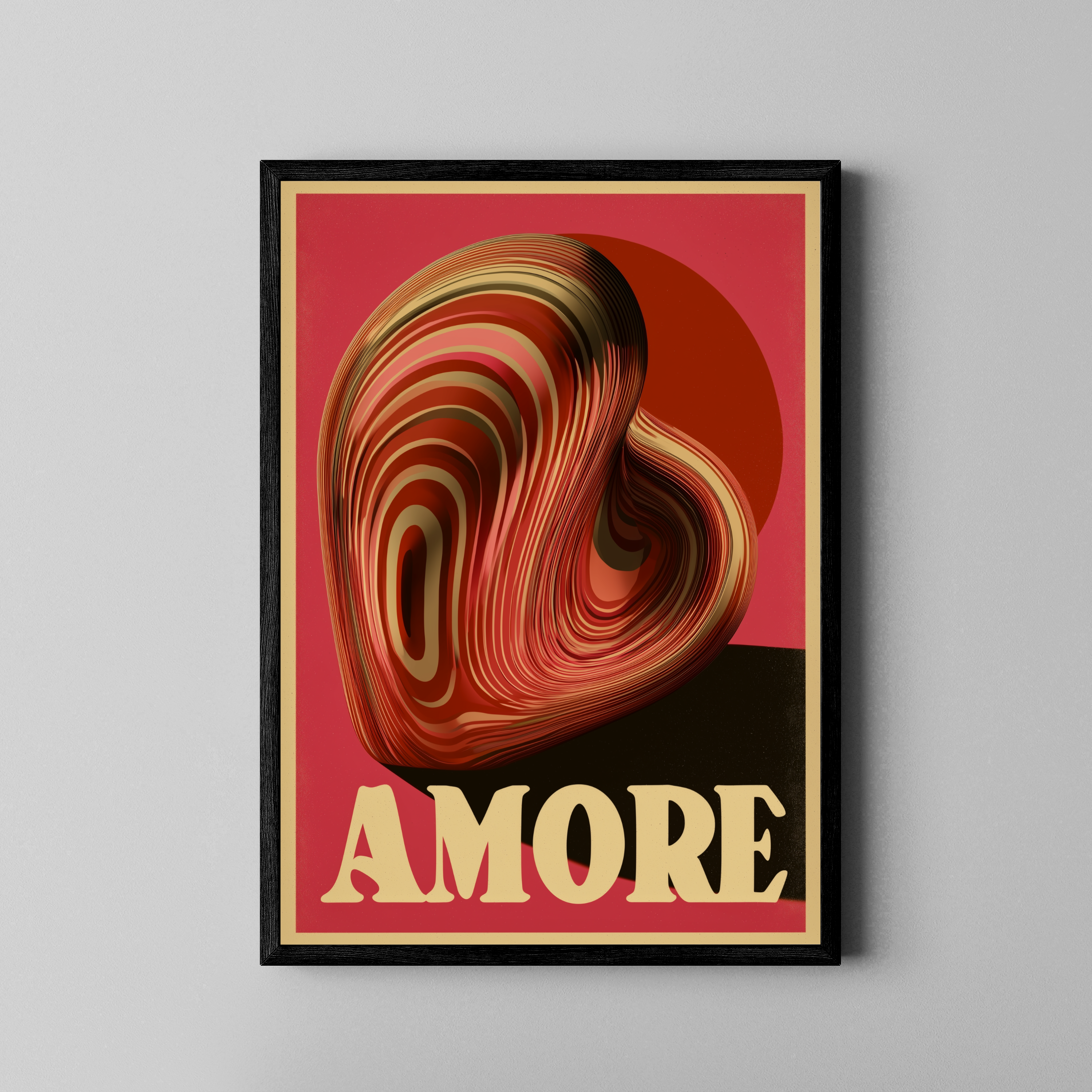 AMORE – 3D-Herz mit Holzmaserung-Textur auf Retro-Rosa – Fine Art Poster im schwarzen Rahmen