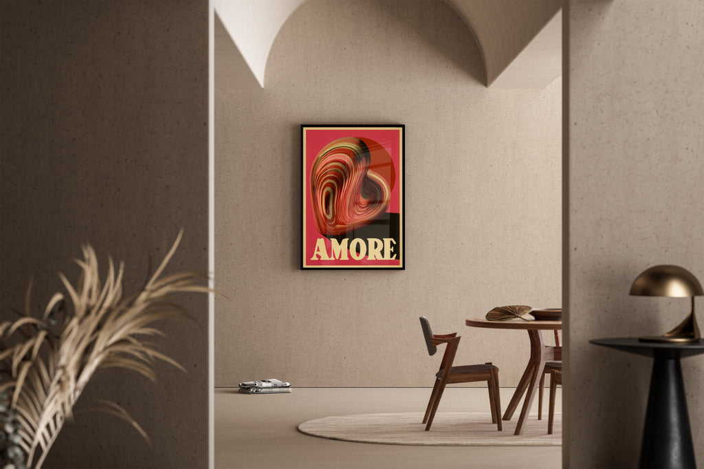 AMORE – 3D-Herz mit Holzmaserung-Textur auf Retro-Rosa – Kunstdruck im mediterranen Esszimmer