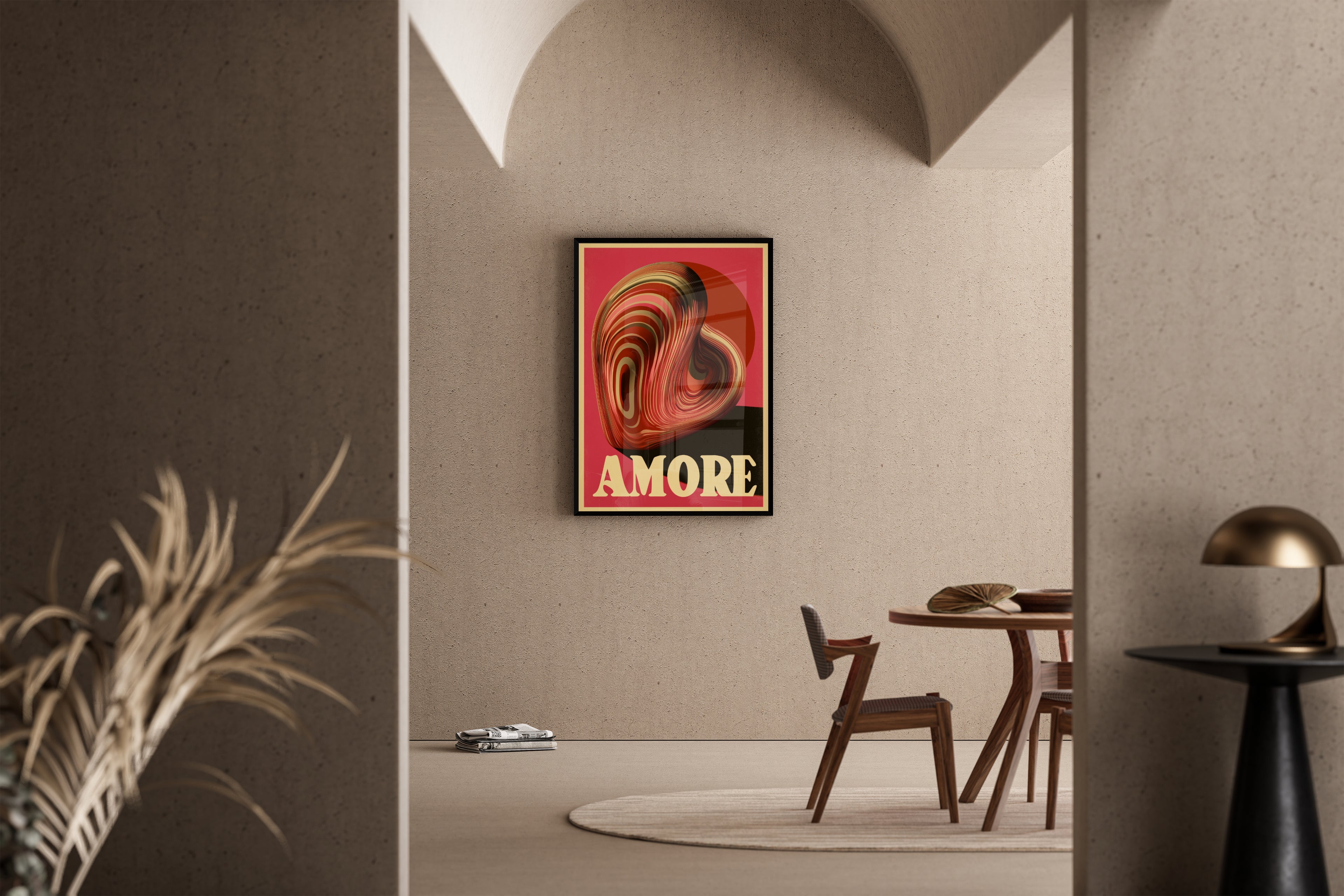 AMORE – 3D-Herz mit Holzmaserung-Textur auf Retro-Rosa – Kunstdruck im mediterranen Esszimmer