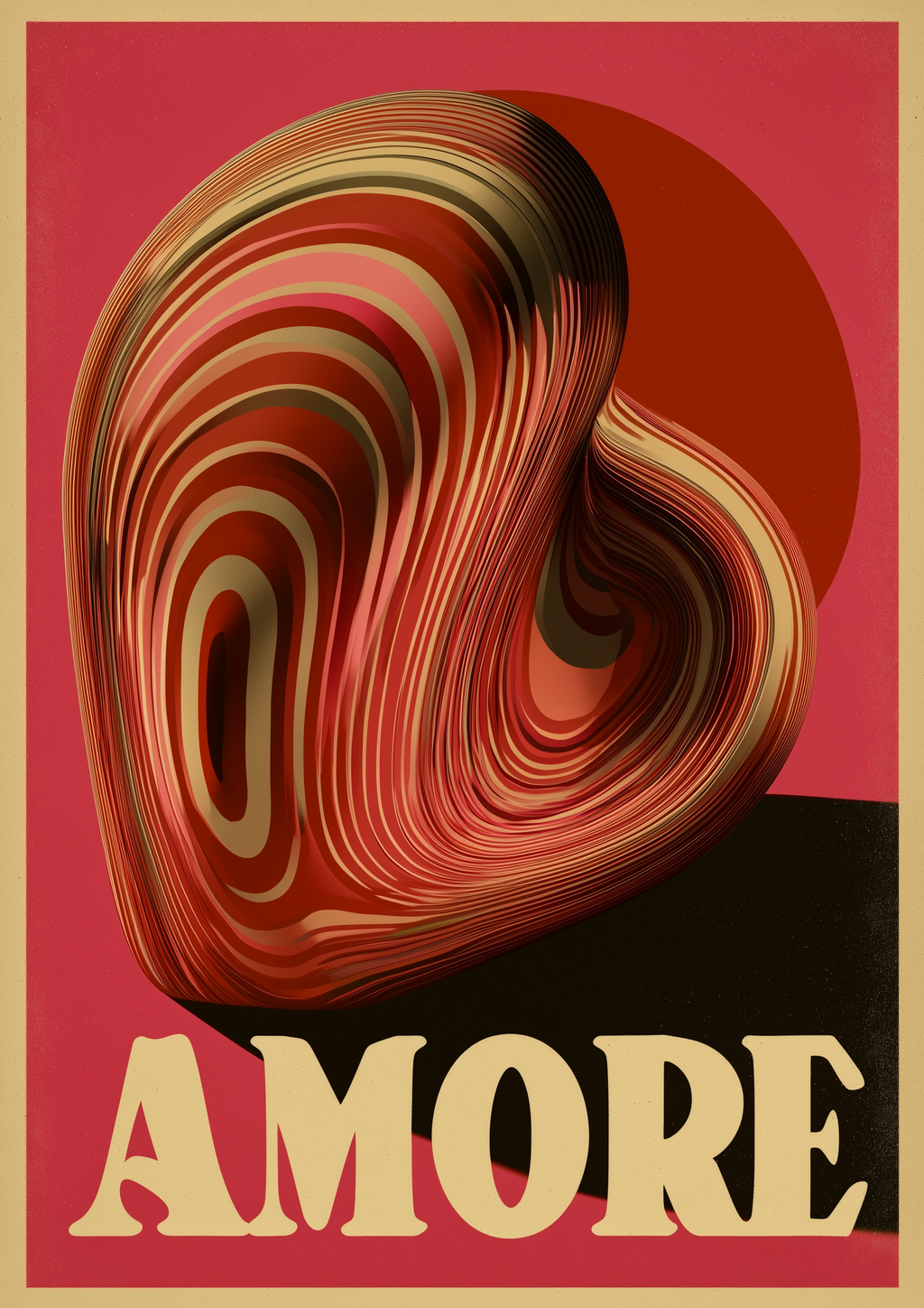 AMORE – 3D-Herz mit Holzmaserung-Textur auf Retro-Rosa – italienischer Fine Art Kunstdruck