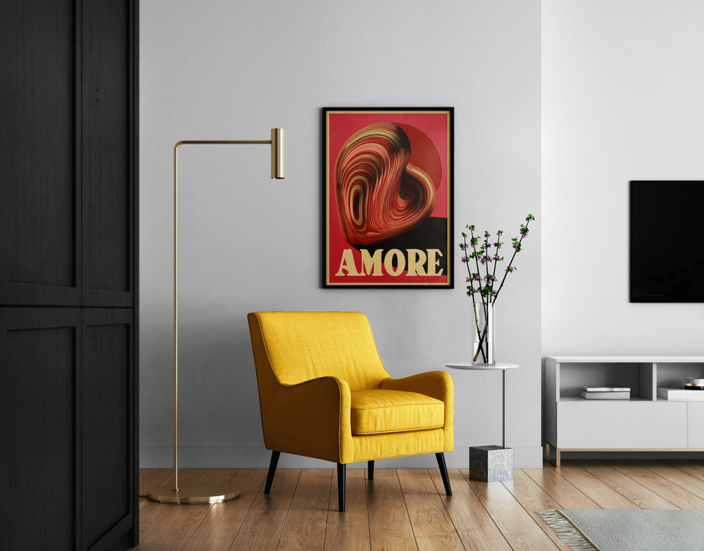 AMORE – 3D-Herz mit Holzmaserung-Textur auf Retro-Rosa – Retro Poster im modernen Wohnzimmer