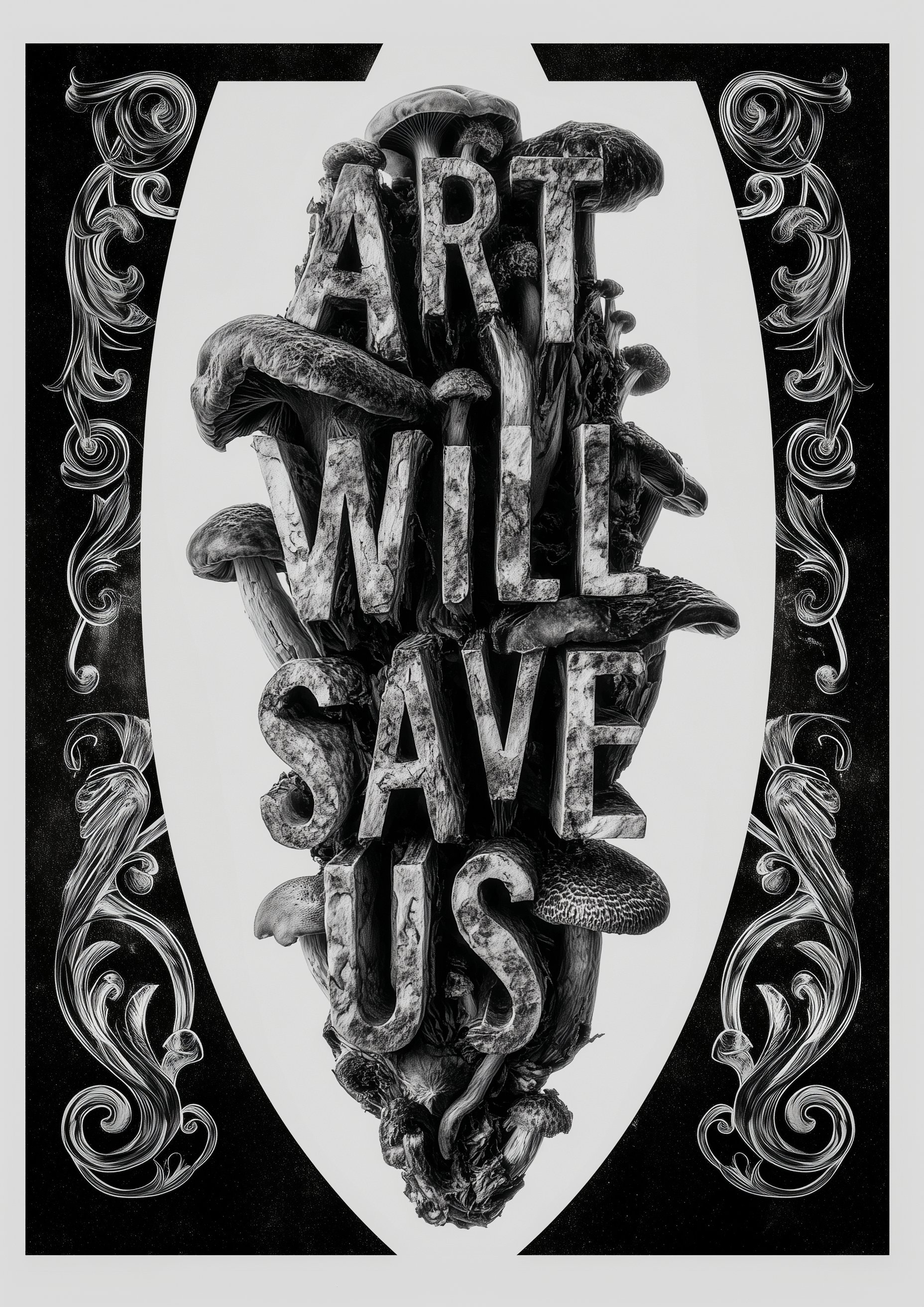ART WILL SAVE US – S/W Kunstdruck mit Pilz-Typografie und ornamentalem Rahmen