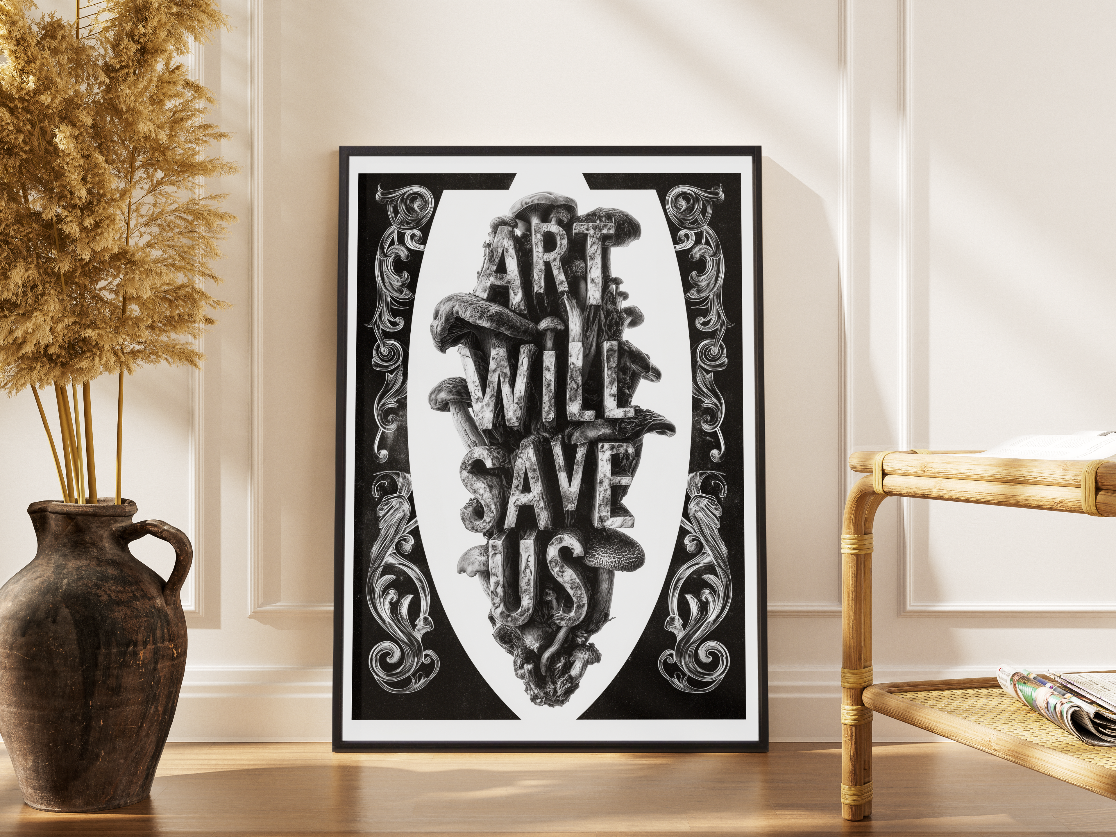 ART WILL SAVE US – S/W Kunstdruck mit Pilz-Typografie und ornamentalem Rahmen – gerahmtes Poster kaufen