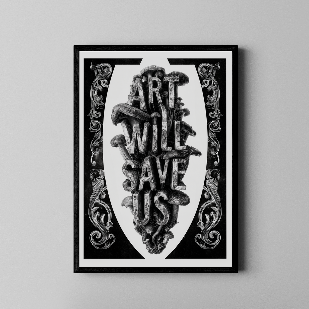 ART WILL SAVE US – S/W Kunstdruck mit Pilz-Typografie und ornamentalem Rahmen – Poster im schwarzen Rahmen