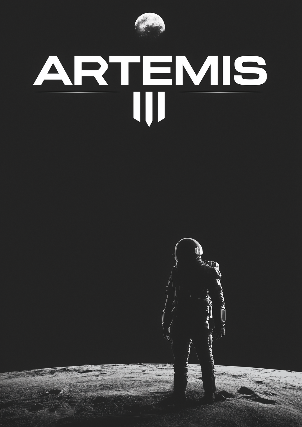 ARTEMIS III – Astronaut auf Mondoberfläche, Mond im Hintergrund, S/W – eleganter Kunstdruck