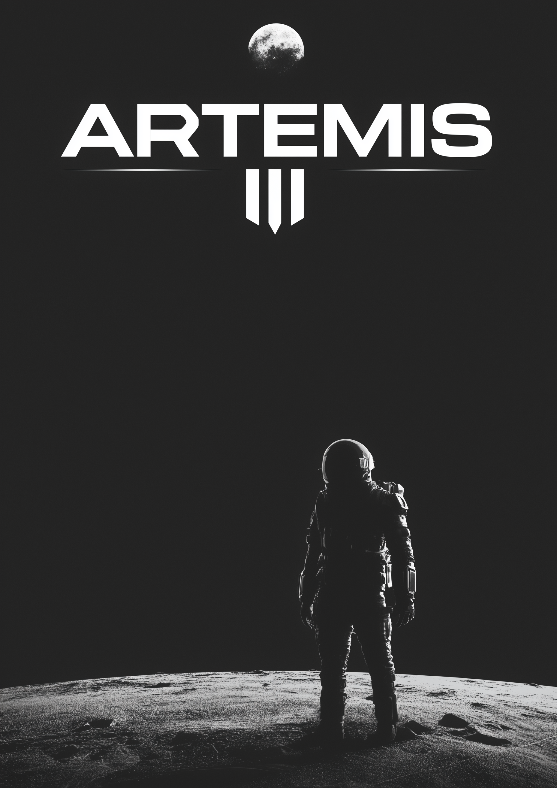 ARTEMIS III – Astronaut auf Mondoberfläche, Mond im Hintergrund, S/W – eleganter Kunstdruck