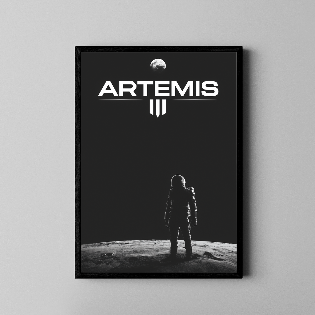 ARTEMIS III – Astronaut auf Mondoberfläche, Mond im Hintergrund, S/W – Poster im schwarzen Rahmen