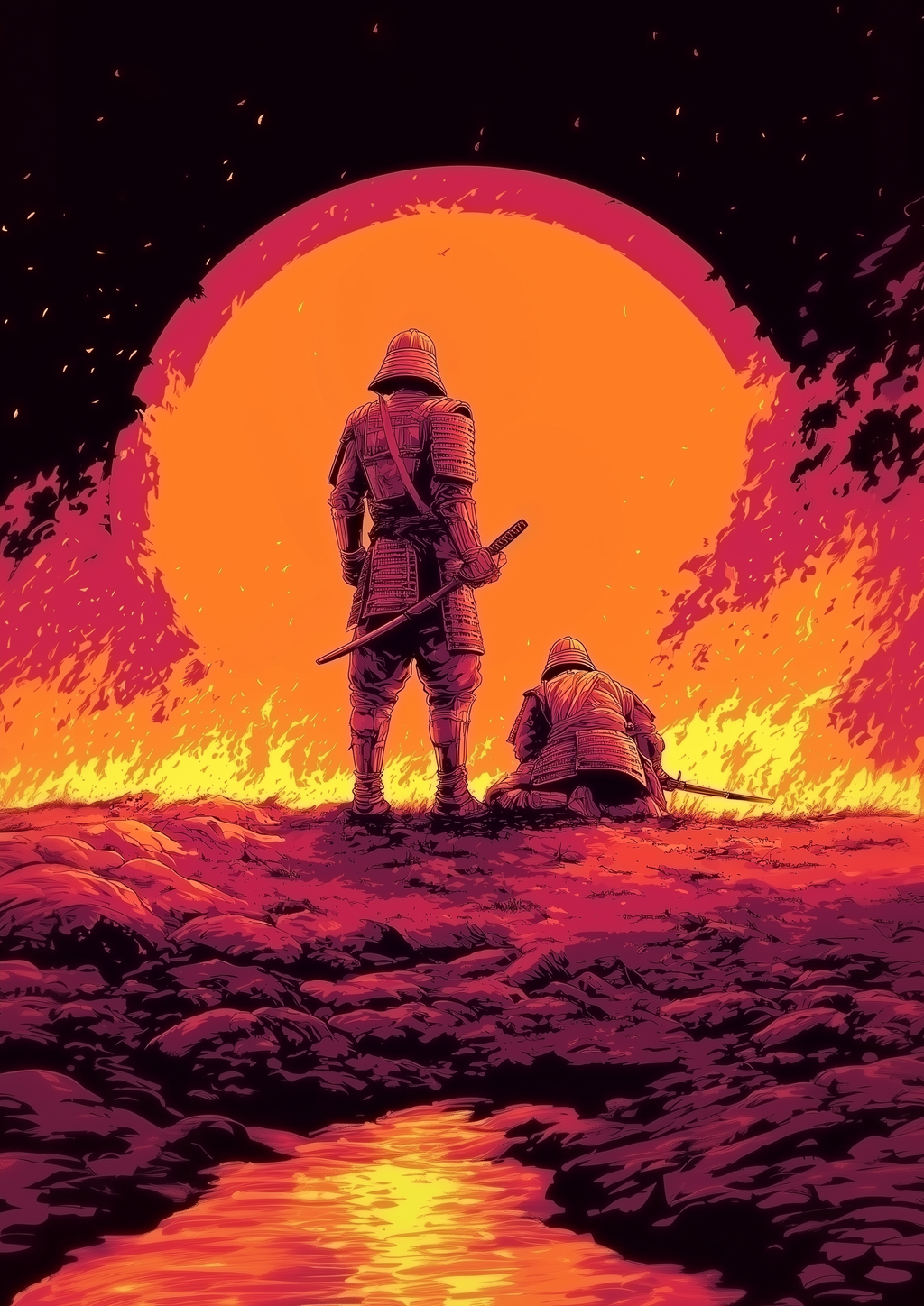 Zwei Samurai vor glutroter Sonne und brennender Landschaft – epischer Japan Kunstdruck