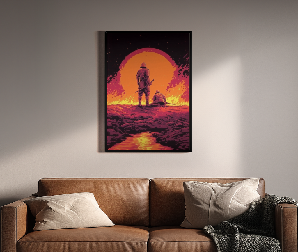 Zwei Samurai vor glutroter Sonne und brennender Landschaft – Wandbild über braunem Ledersofa