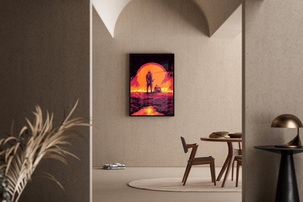 Zwei Samurai vor glutroter Sonne und brennender Landschaft – Kunstdruck im mediterranen Esszimmer