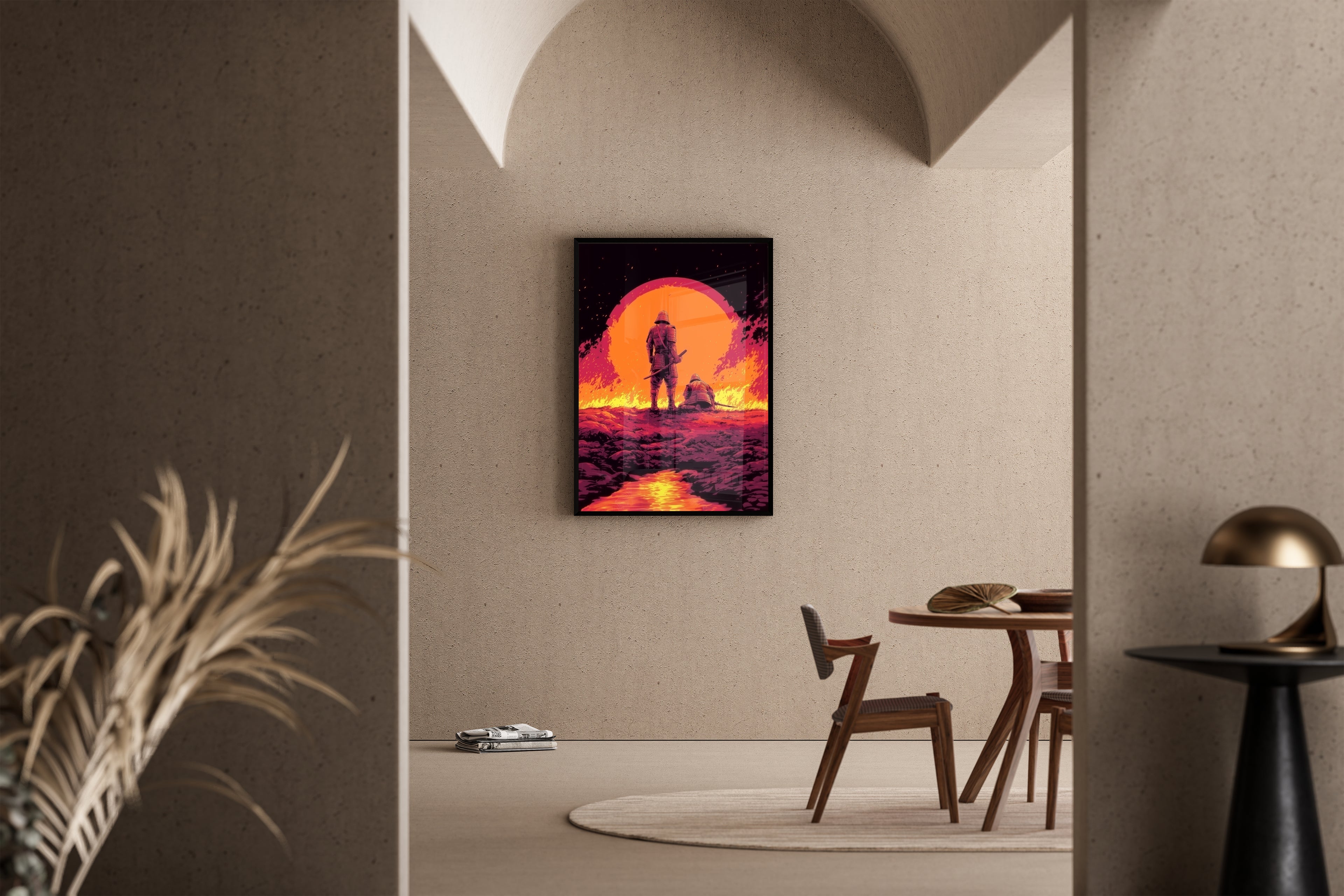 Zwei Samurai vor glutroter Sonne und brennender Landschaft – Kunstdruck im mediterranen Esszimmer