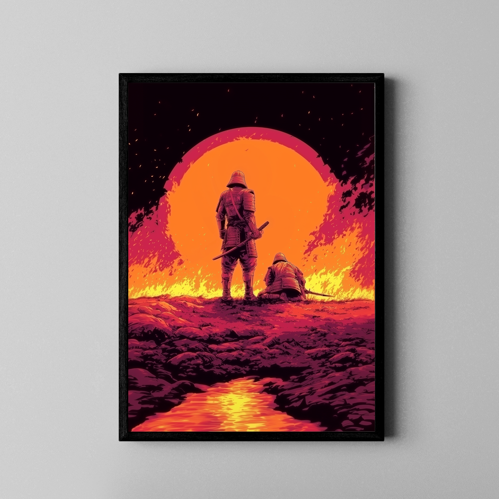 Zwei Samurai vor glutroter Sonne und brennender Landschaft – Japan Poster im schwarzen Rahmen