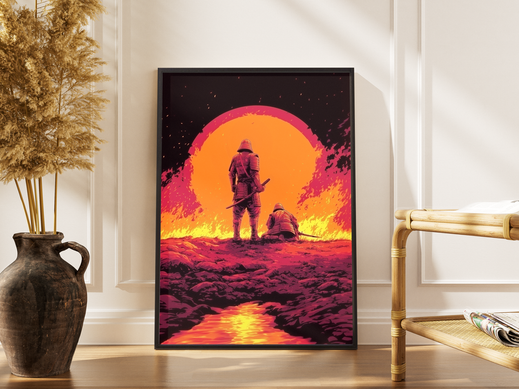 Zwei Samurai vor glutroter Sonne und brennender Landschaft – gerahmter Japan Kunstdruck kaufen