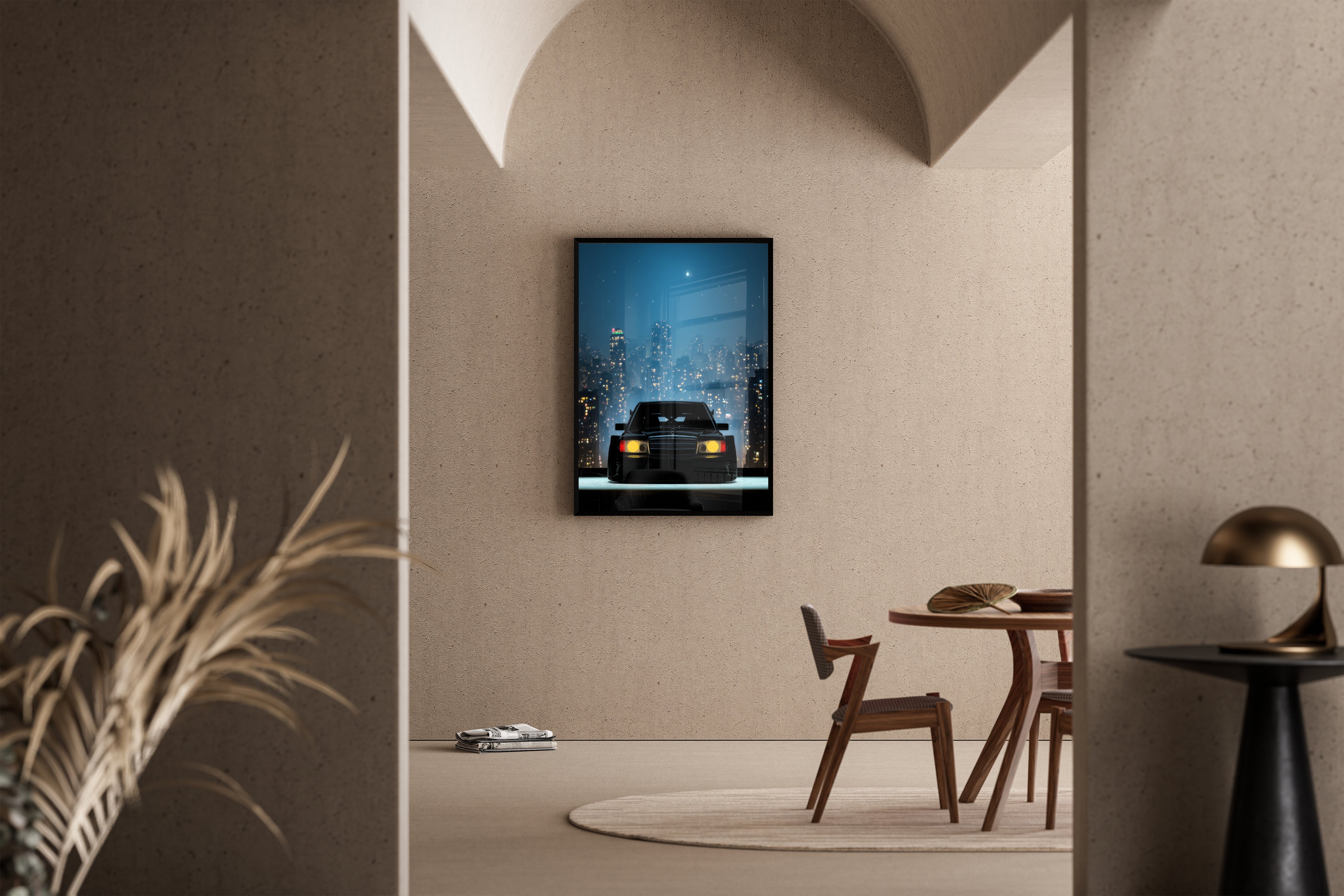 Mercedes 190E EVO II W201 vor nächtlicher Stadtkulisse – Kunstdruck im mediterranen Esszimmer