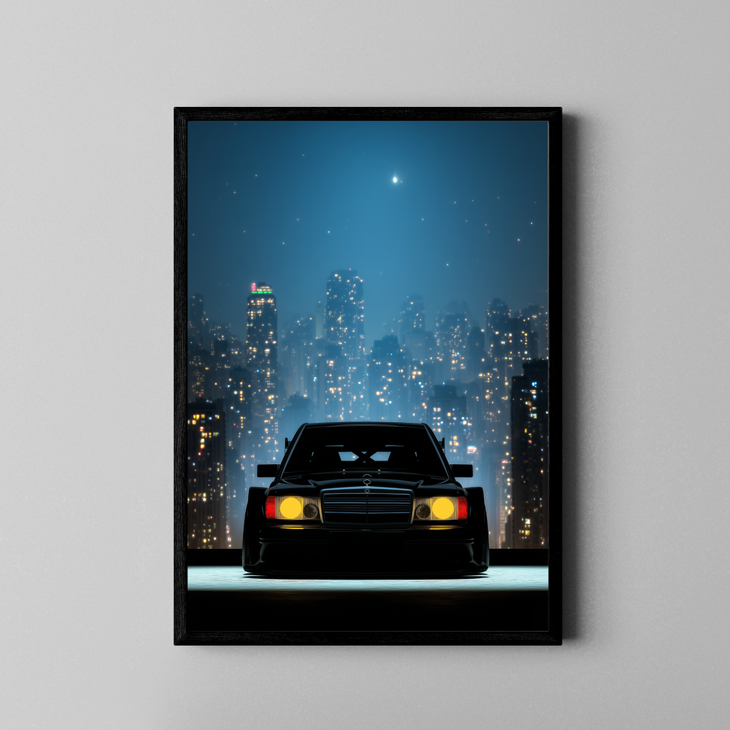 Mercedes 190E EVO II W201 vor nächtlicher Stadtkulisse – Oldtimer Poster im schwarzen Rahmen