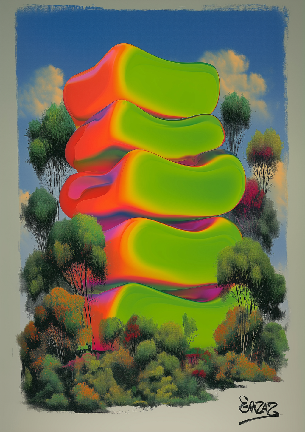 Gestapelte Neon-Formen in Grün und Orange über surrealer Waldlandschaft – psychedelischer Fine Art Kunstdruck